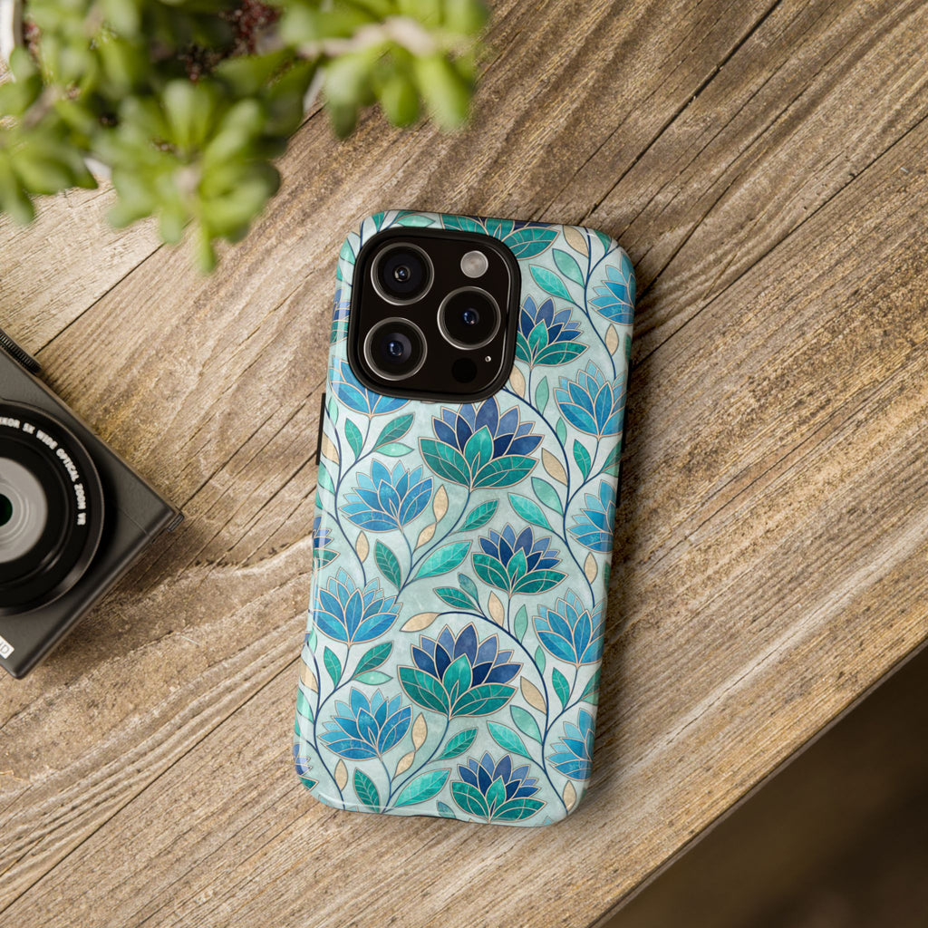 Mosaic iPhone Case, Stained Glass Floral Phone Cover, Teal Blue Protective Case, Matte Glossy Options, Artistic Mosaic Pattern