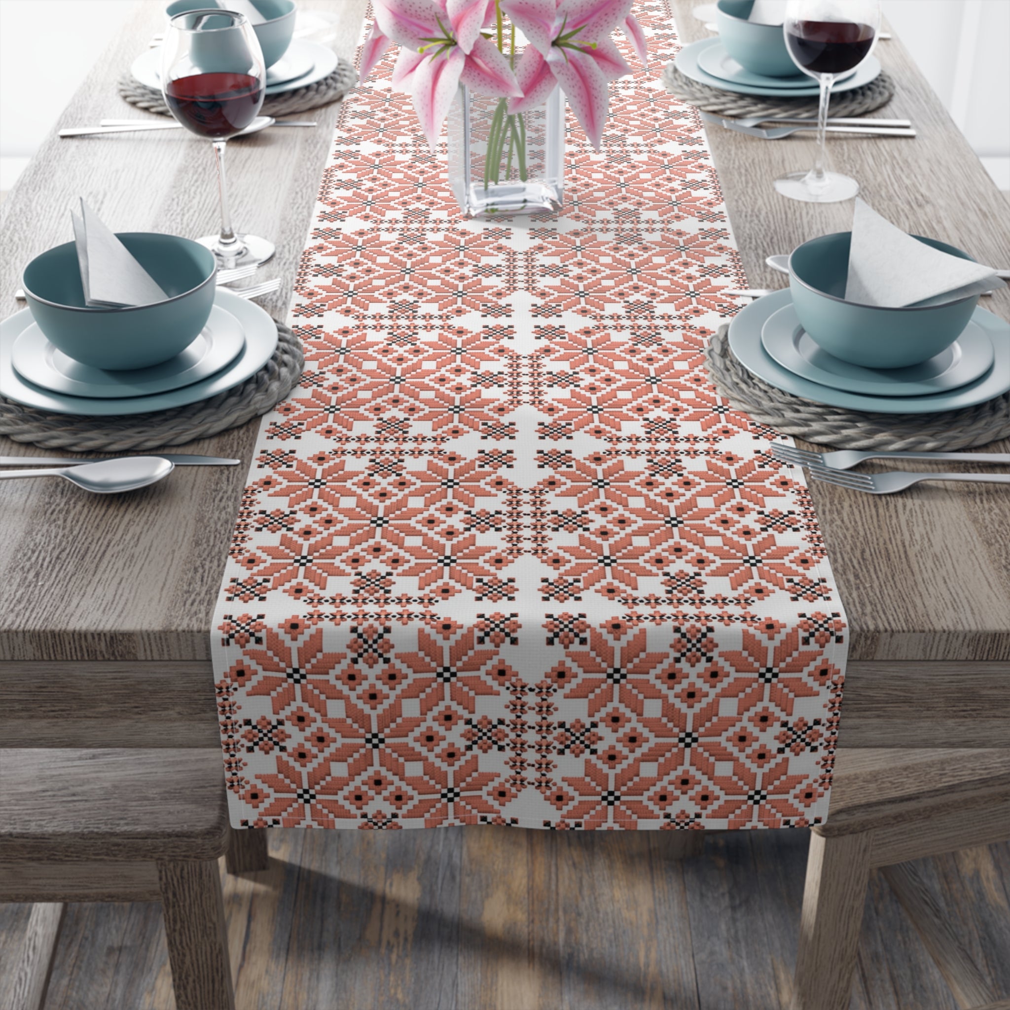 Mariia Red Ukrainian Pattern Table Runner – Traditional Geometric Terracotta & Cream Design