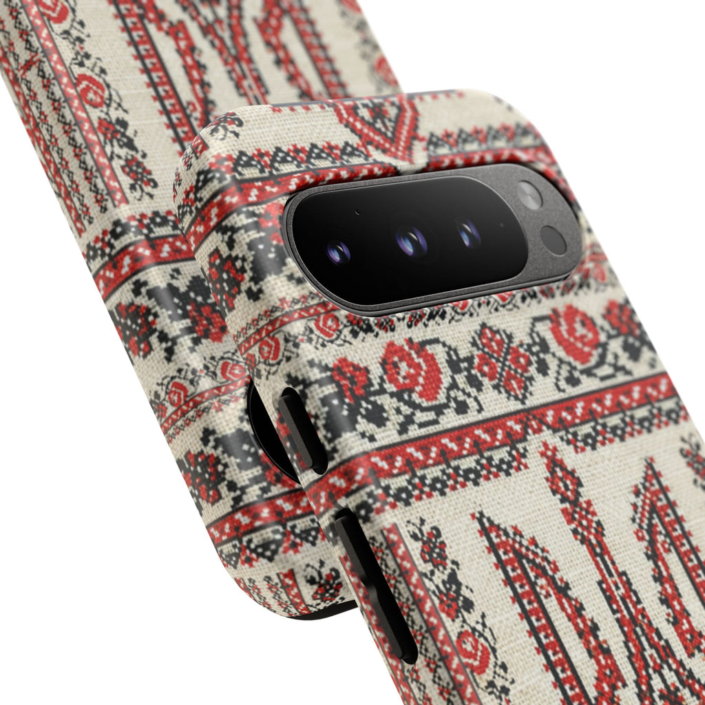 Ukrainian Trident Embroidery Phone Case • Red Black Trident Pattern • Protective Folk Art Cover for iPhone & Samsung