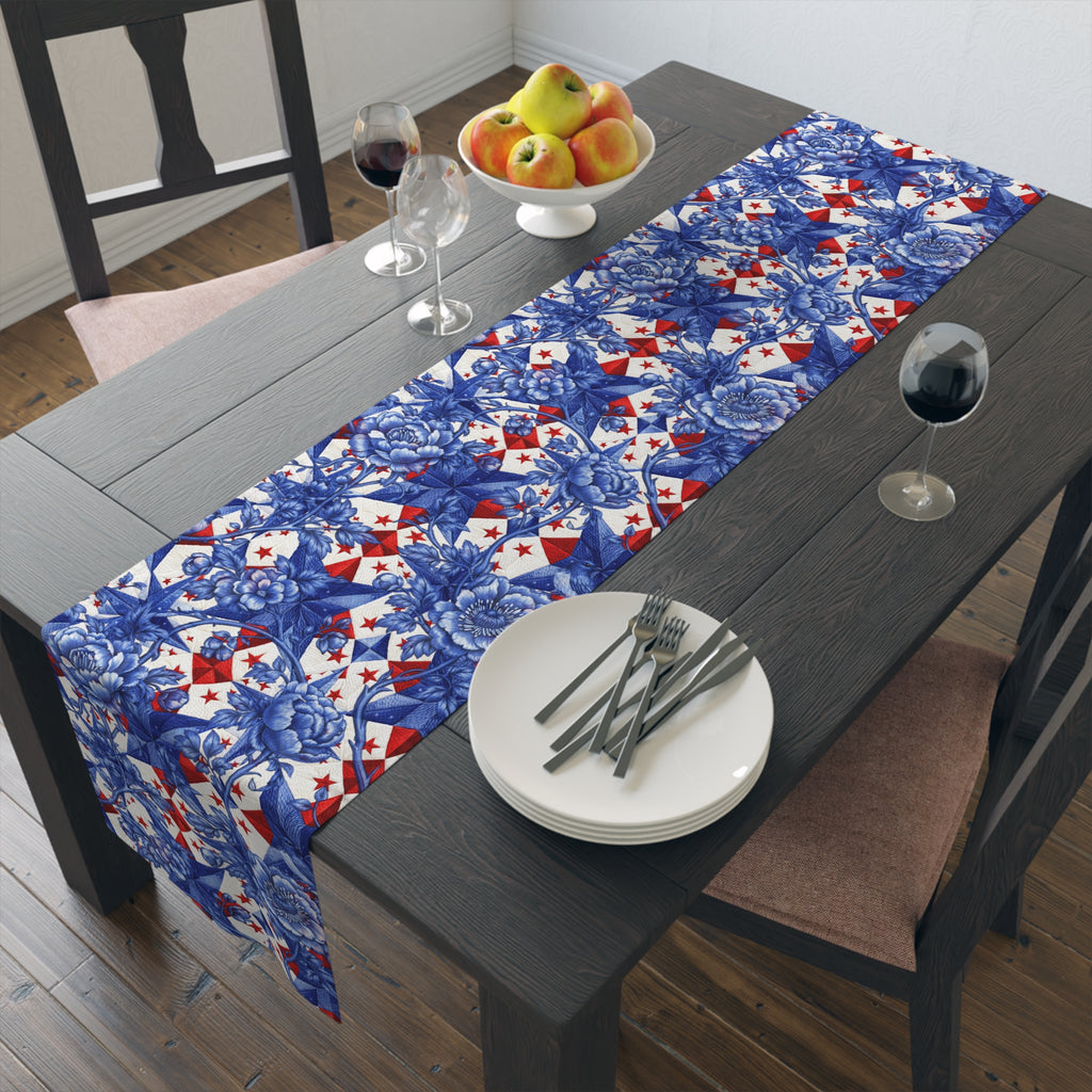 America 250th Anniversary Table Runner - Blue Toile-Inspired Floral & Patriotic Stars Patchwork Decor