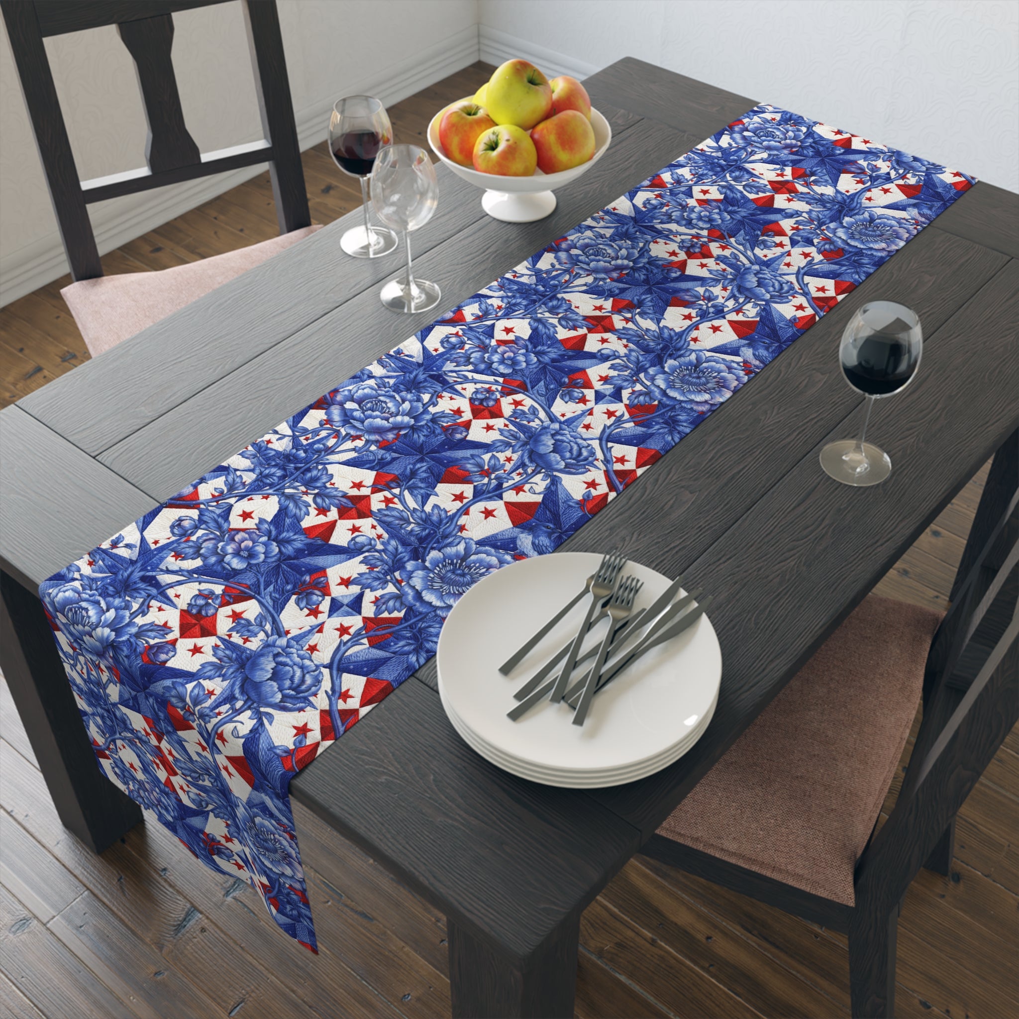 America 250th Anniversary Table Runner - Blue Toile-Inspired Floral & Patriotic Stars Patchwork Decor