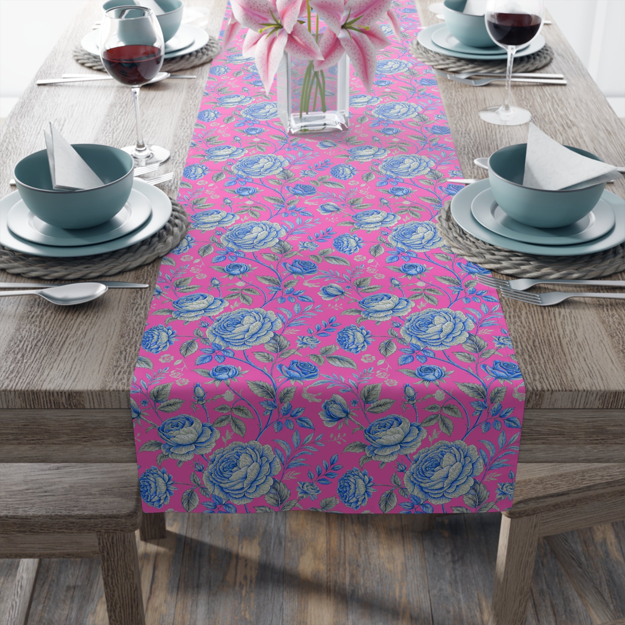 Pink Blue Rose Table Runner | Floral Cottagecore | Cotton or Polyester