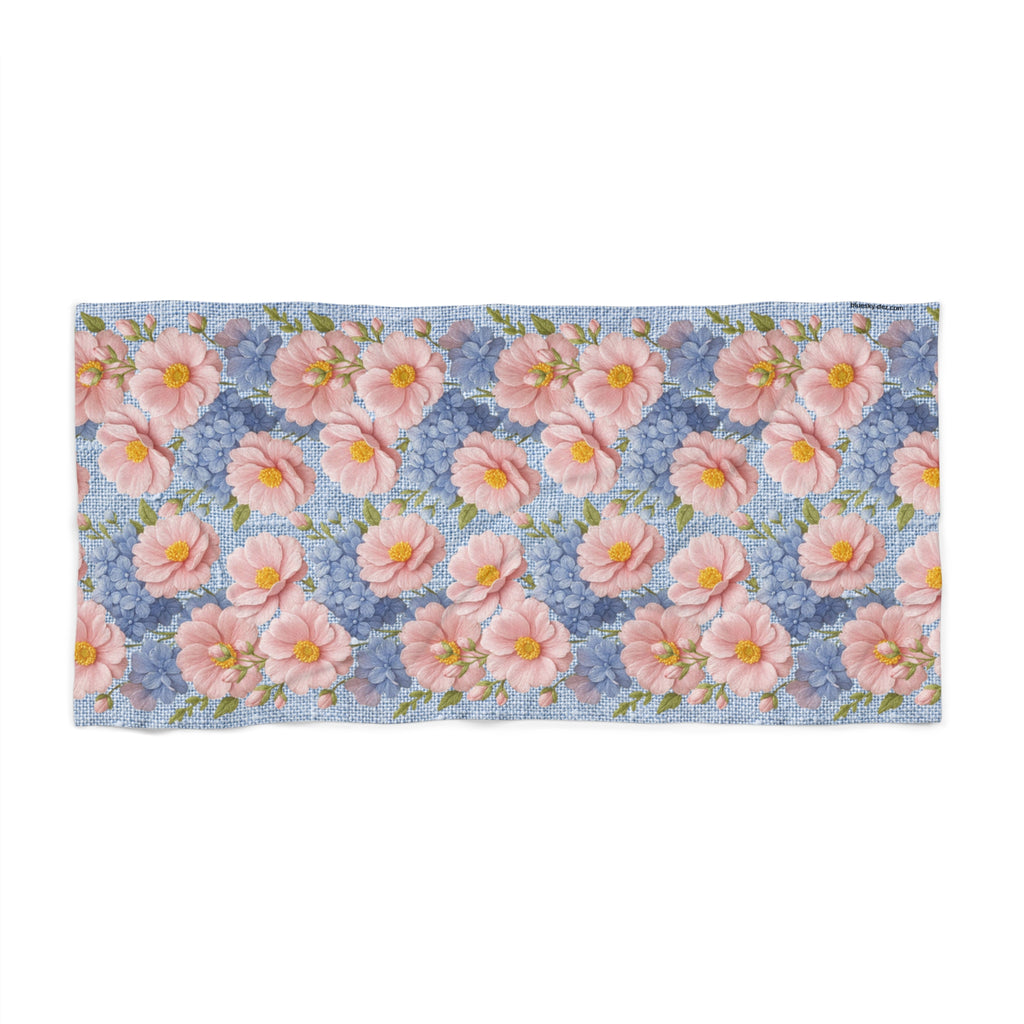 Soft Provence Beach Towel - Pink Peony & Blue Hydrangea Floral, Quick-Dry Summer Wrap, Vintage Botanical Gift for Her