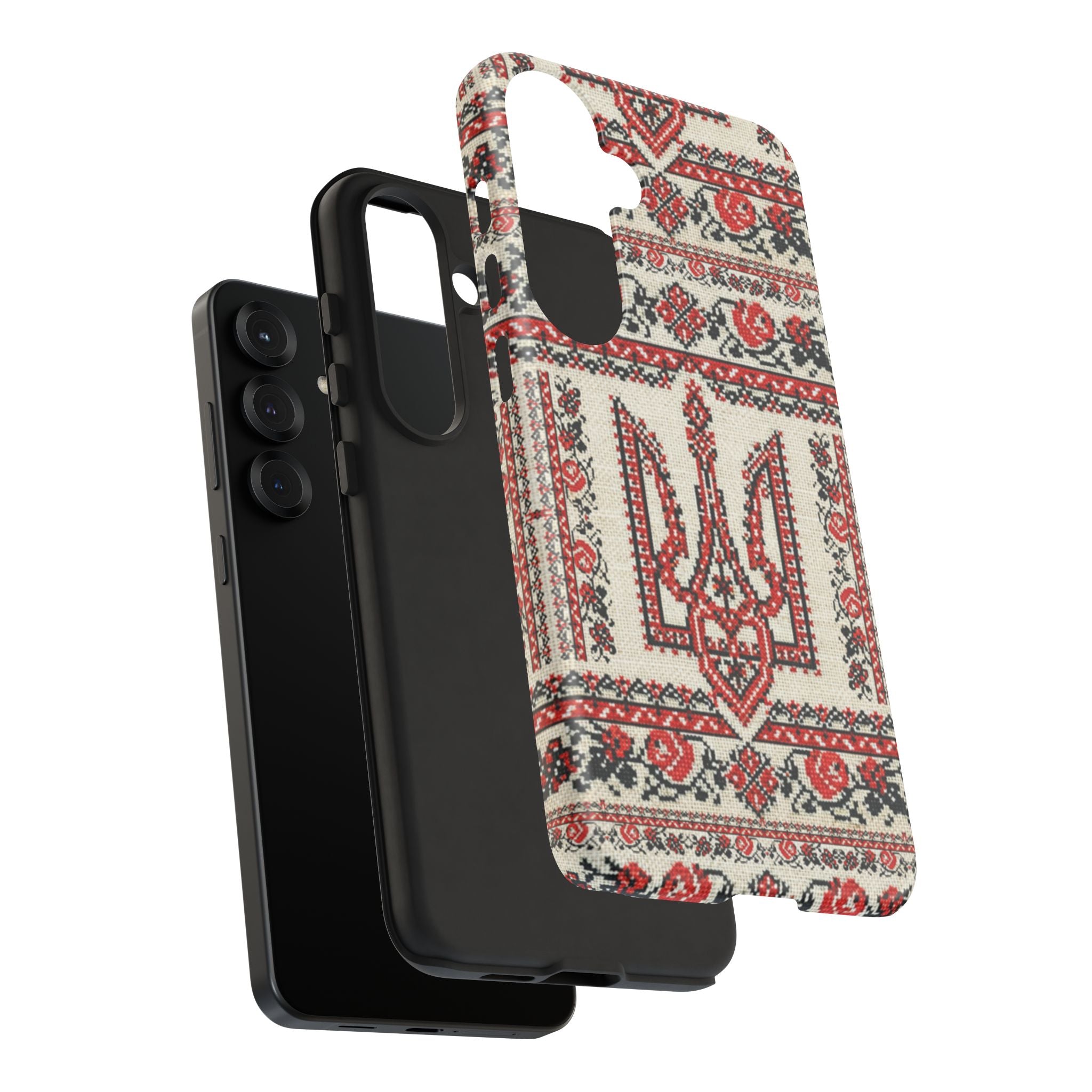 Ukrainian Trident Embroidery Phone Case • Red Black Trident Pattern • Protective Folk Art Cover for iPhone & Samsung