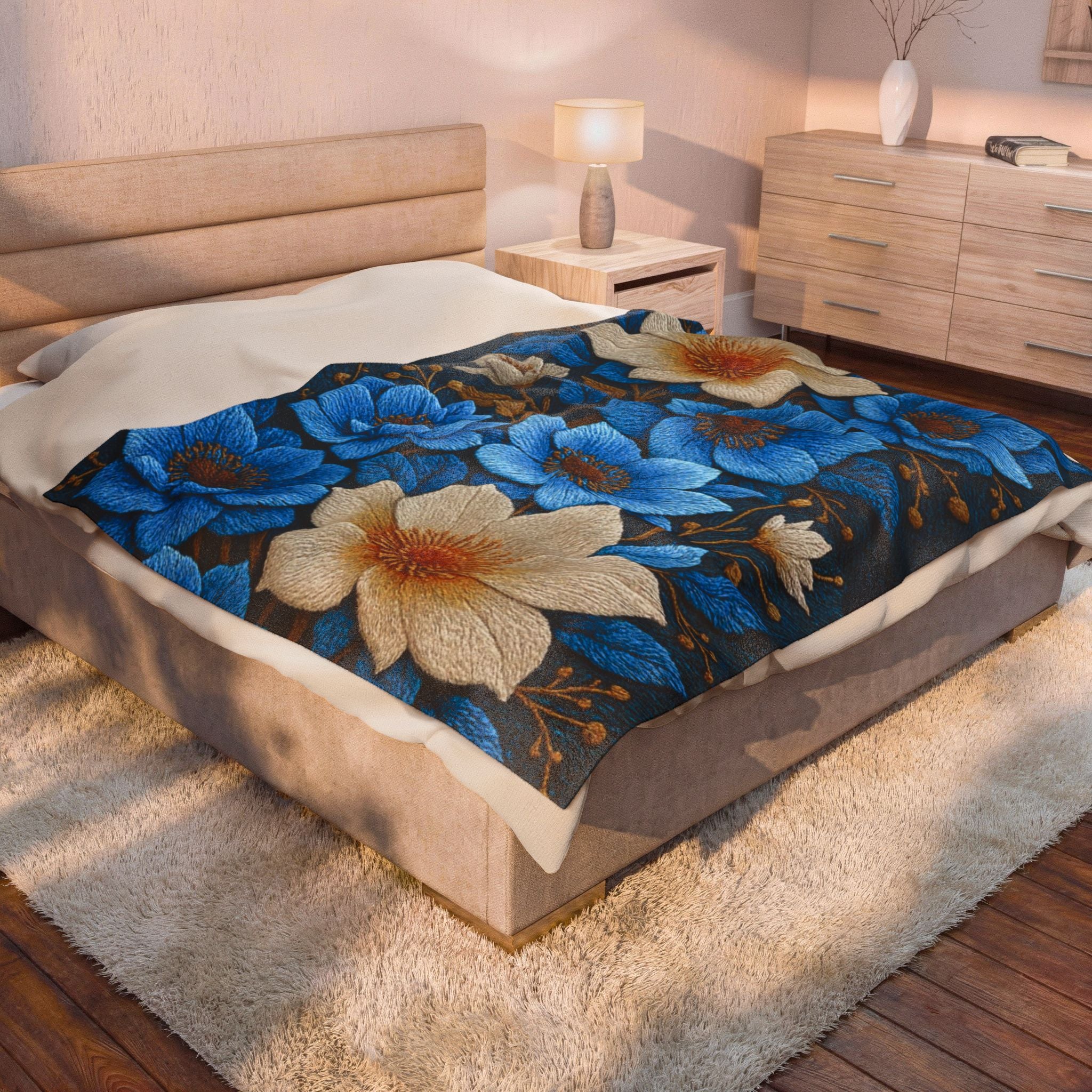 Midnight Symphony Velveteen Plush Blanket | Navy Blue & Cream Botanical Throw