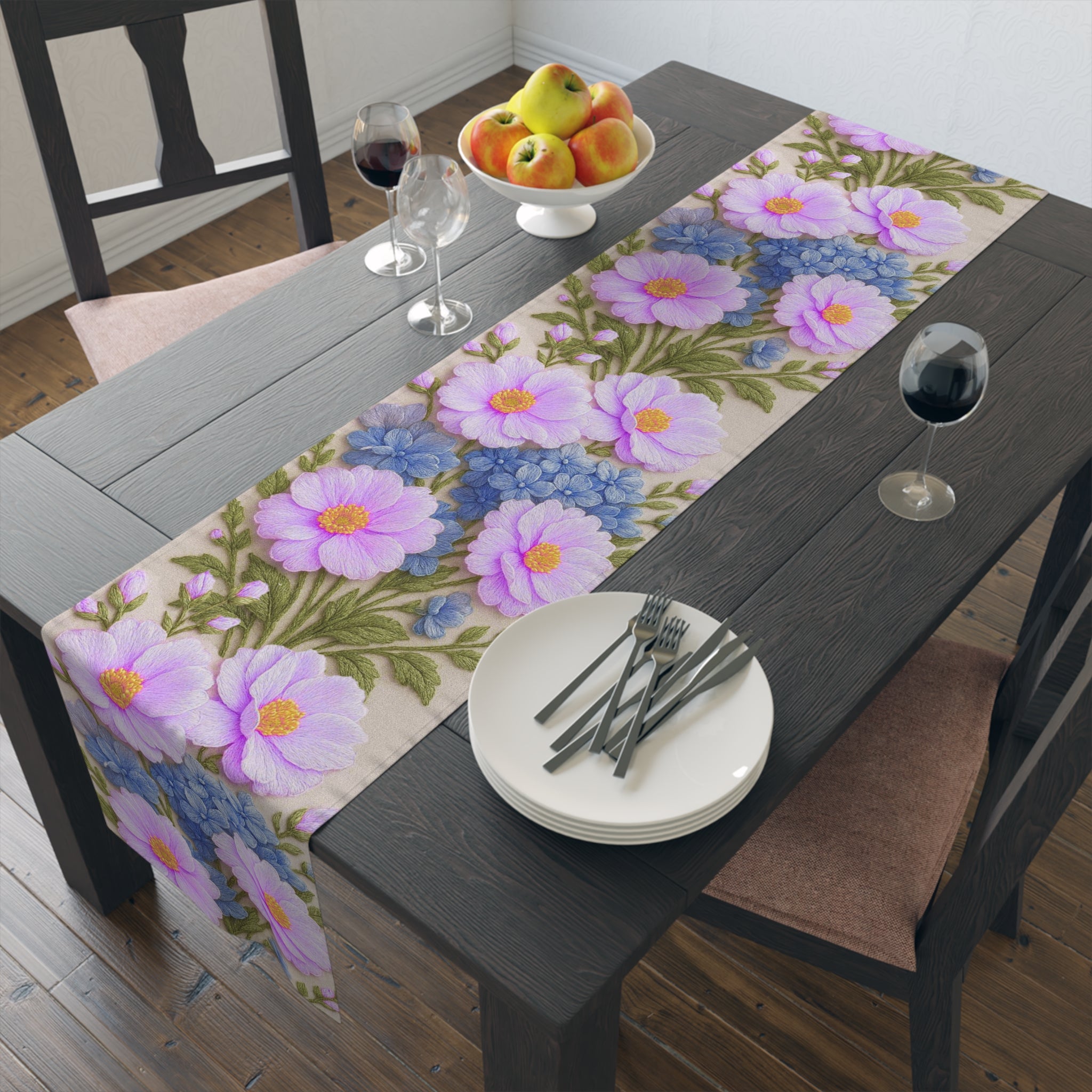 Pink Cosmos and Blue Hydrangea Table Runner, Floral Table Decor, Alexandra Bloom Collection, Cotton Twill or Polyester Dining Runner