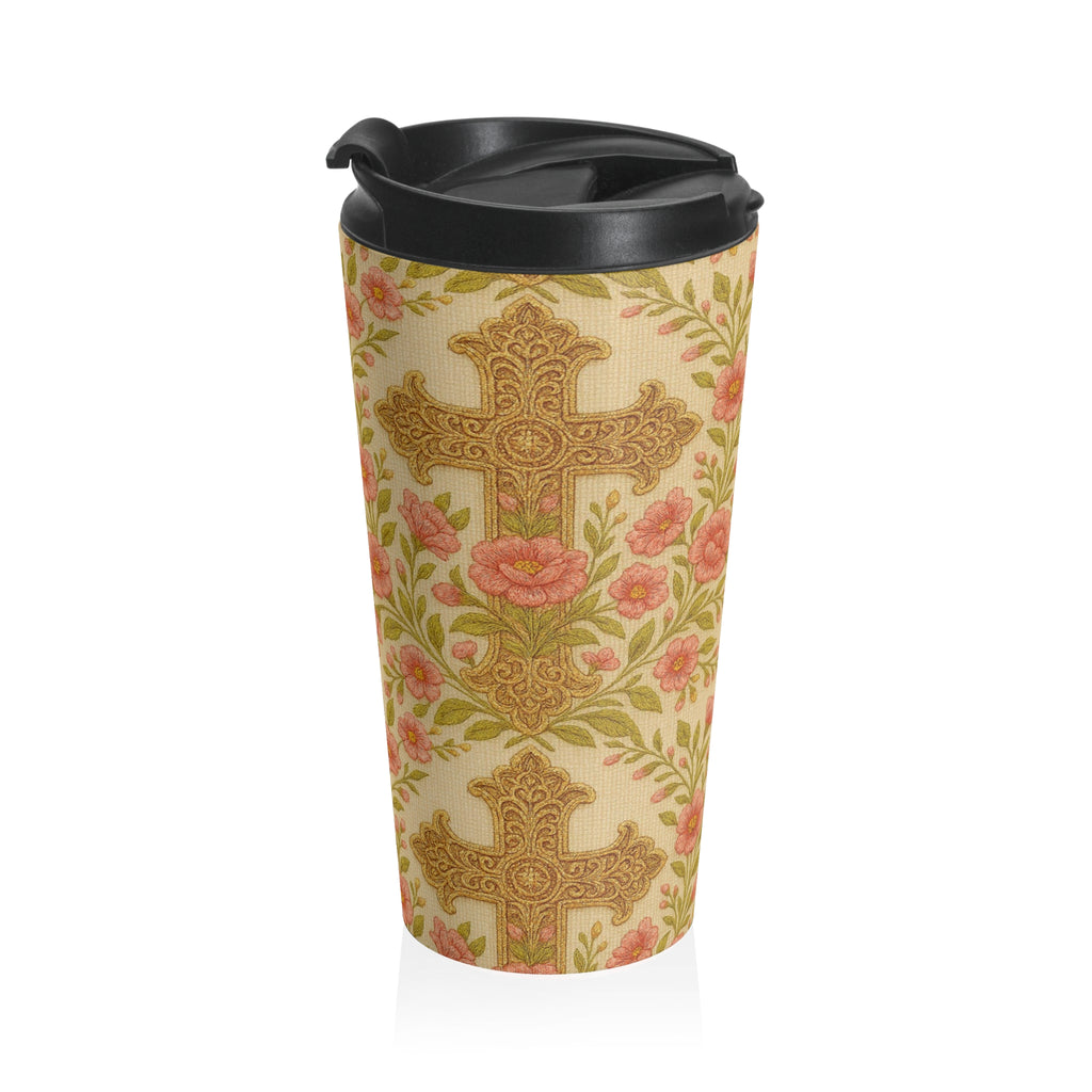 Blessed Home Floral Cross Travel Mug | Vintage Rose Christian Gift for Women | 15oz Insulated Tumbler
