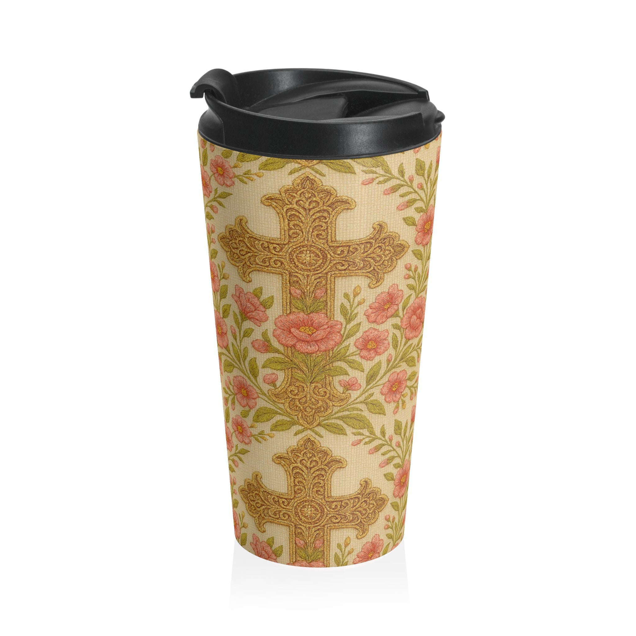 Blessed Home Floral Cross Travel Mug | Vintage Rose Christian Gift for Women | 15oz Insulated Tumbler
