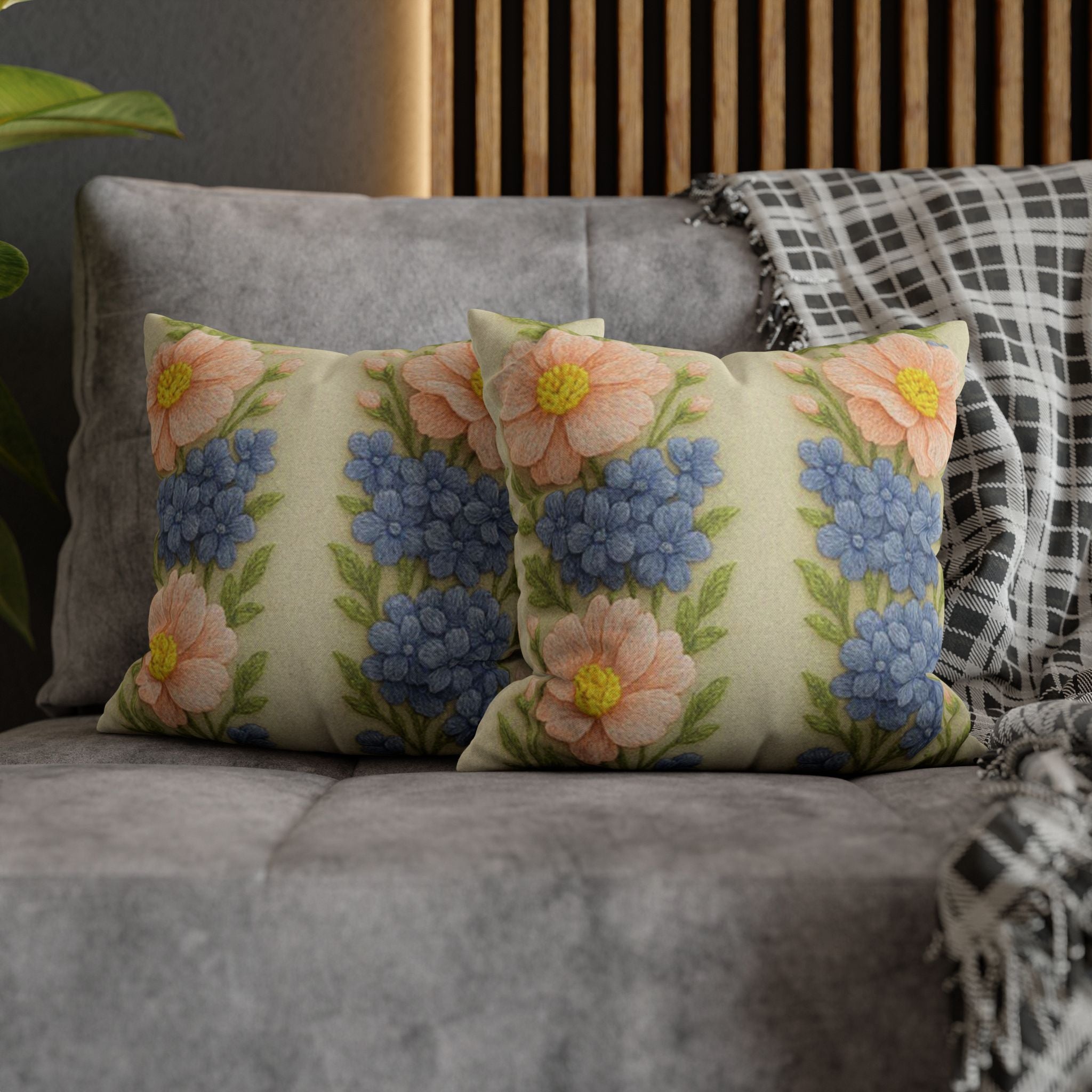 Vintage Floral Pillow Cover – Cottagecore Pink Daisies & Blue Hydrangeas | BLUESKYDEZIGN