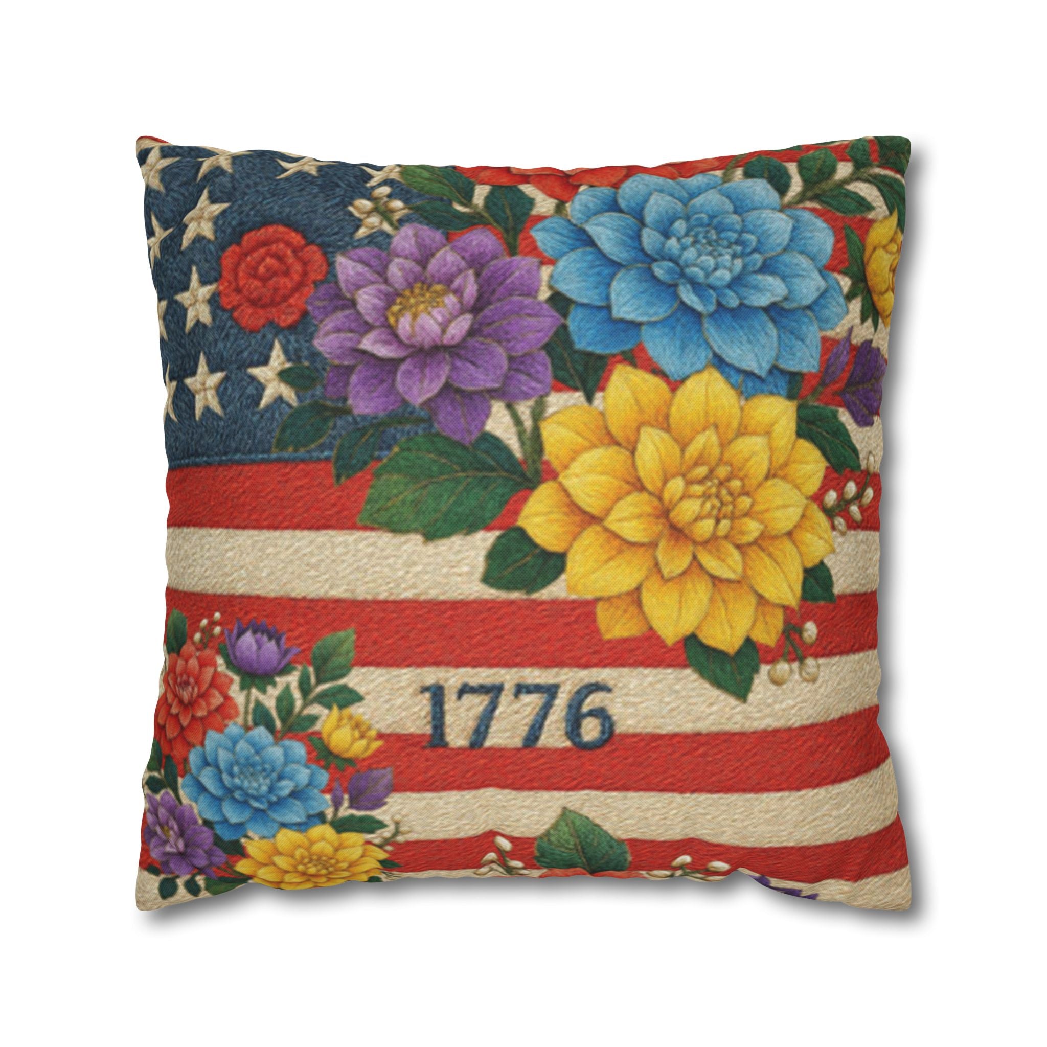 1776 American Flag Floral Pillowcase | Patriotic 4th of July Cushion Cover | Americana Decor