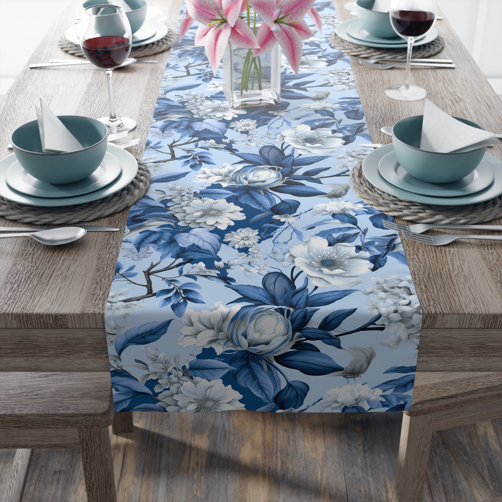 Blue Floral Watercolor Table Runner | Vintage Botanical Dining Decor | Cotton Twill & Polyester
