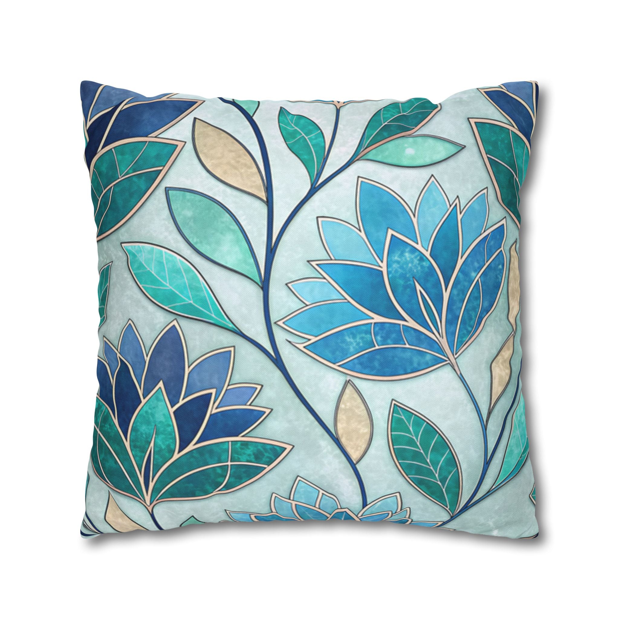 BLUESKYDEZIGN Teal Blue Mosaic Stained Glass Pillow Cover - Artistic Decor