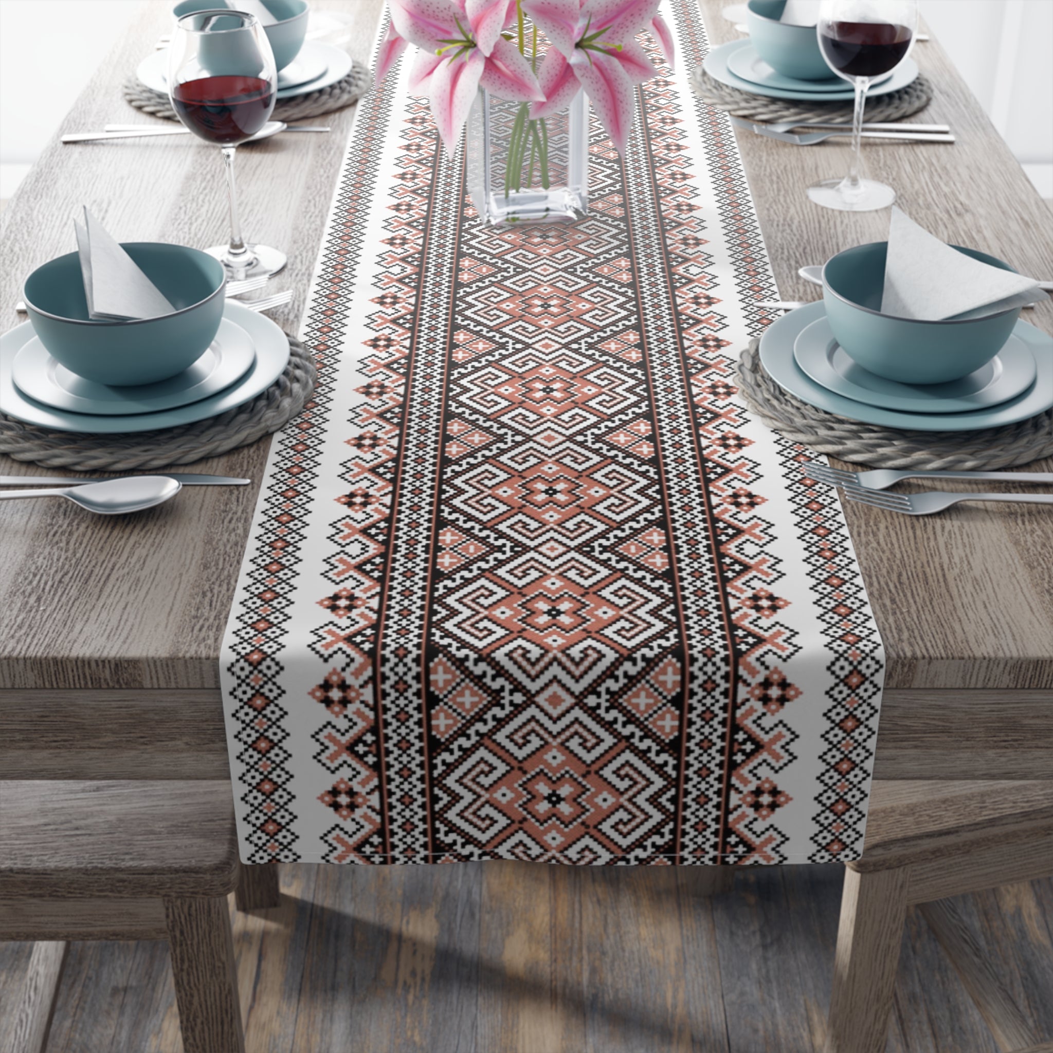 Stasia Red Ukrainian Folk Art Table Runner | Red & Black Geometric Linen | Heritage Gift