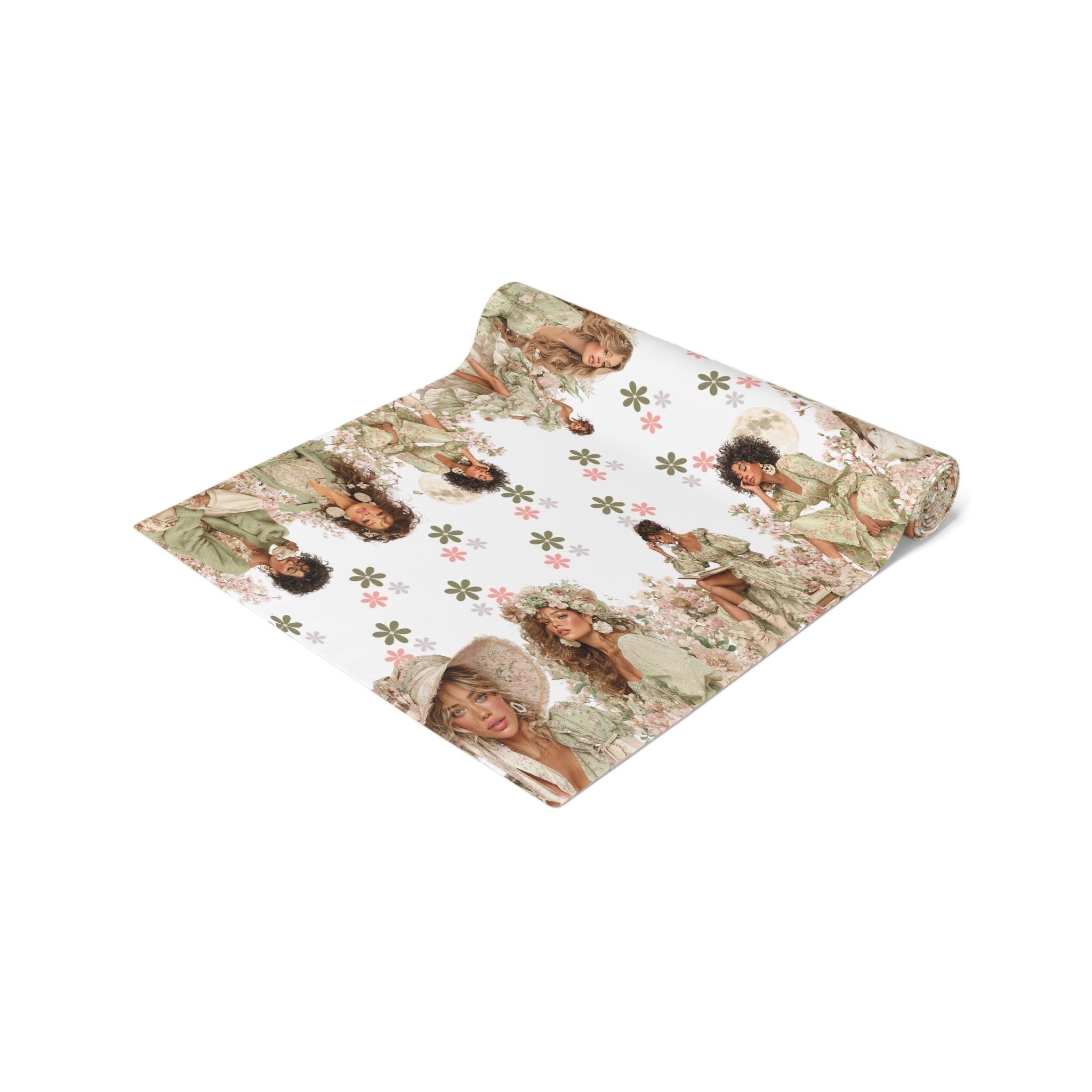 Vintage Floral Women Table Runner, Cotton  Polyester, Artistic Spring Table Decor, Pink  Green Flower Pattern, 16×72, 16×90