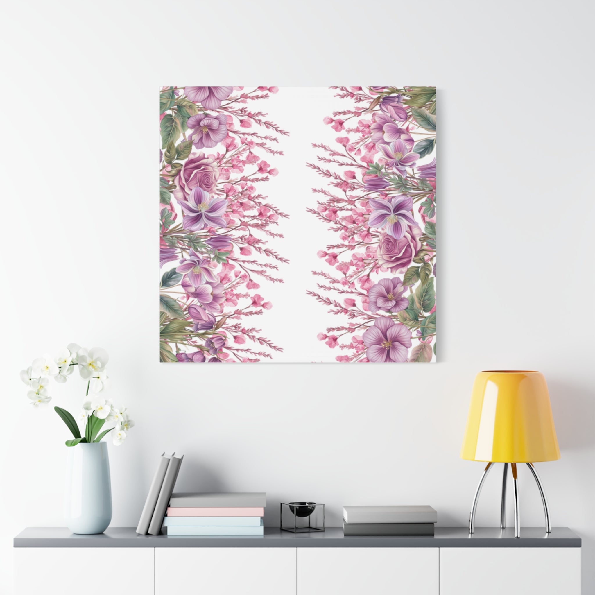 Floral Matte Canvas Wall Art, Pink Purple Botanical Print, Modern Symmetrical Flower Design, Stretched 1.25" Canvas Home Decor