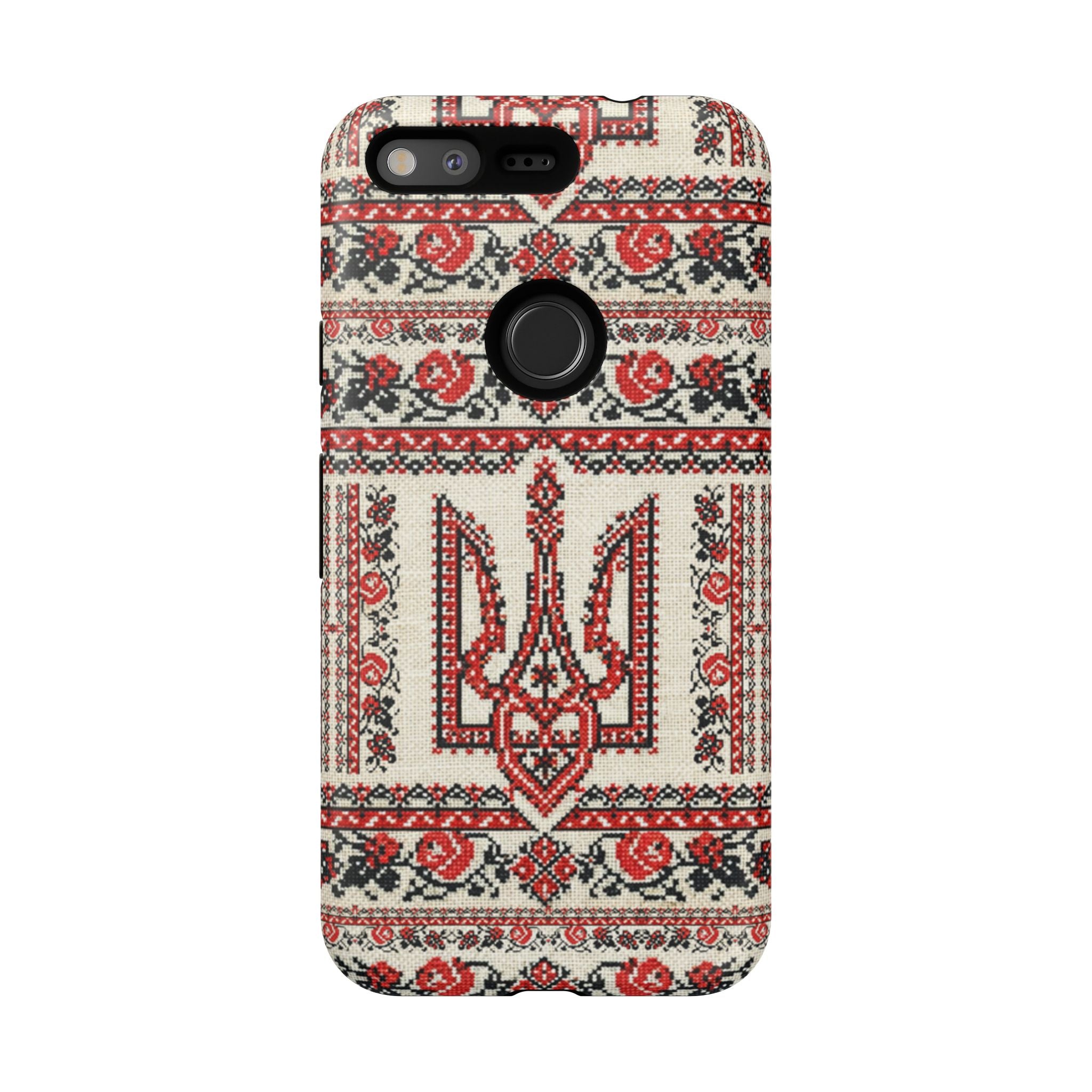 Ukrainian Trident Embroidery Phone Case • Red Black Trident Pattern • Protective Folk Art Cover for iPhone & Samsung