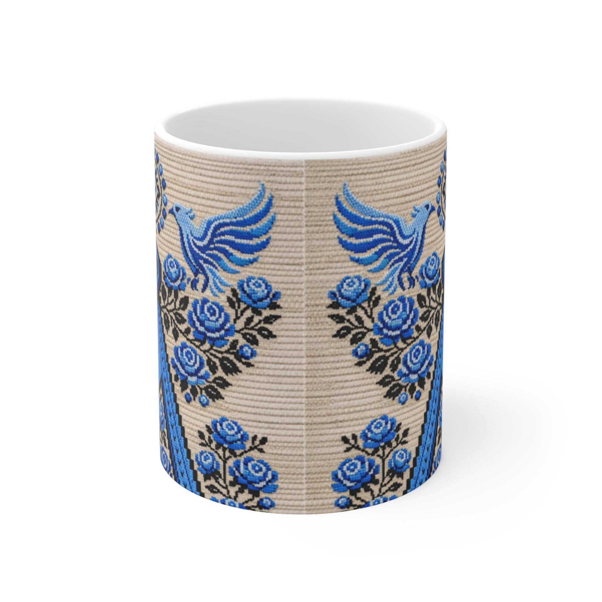 Ukrainian Berehynia mug with blue black folk art geometric pattern
