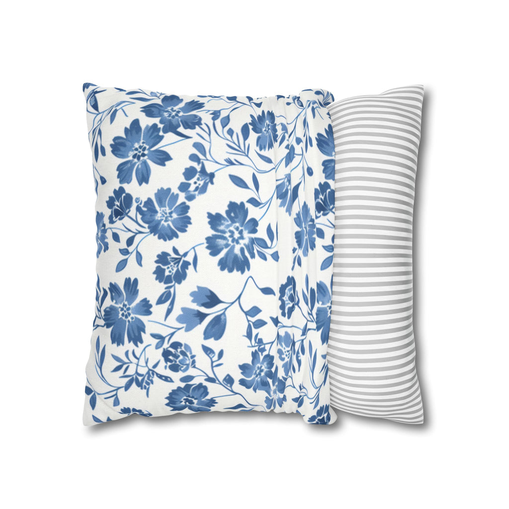 Light Blue Floral Pillowcase Spun Polyester Square Pillowcase | Blue Flower Pillow Cover
