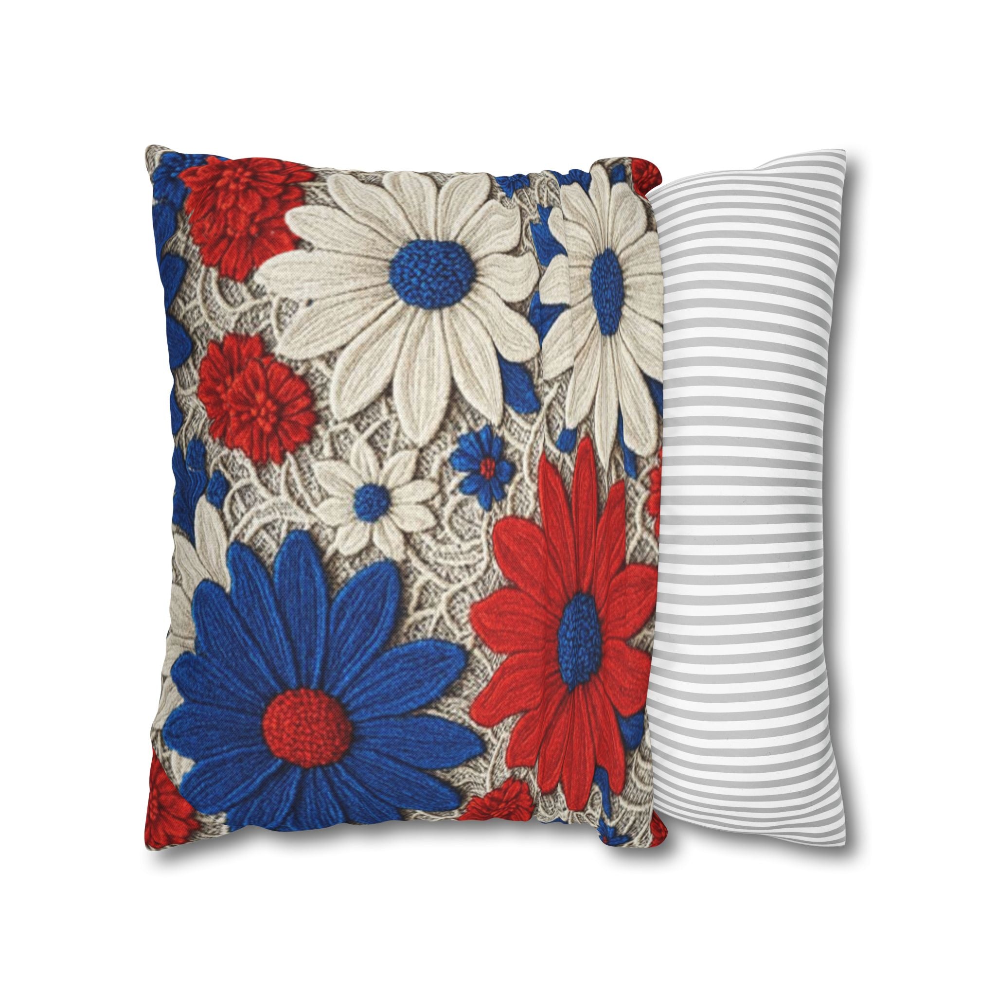 Red White Blue Daisy Pillowcase — Patriotic Floral Decorative Pillow Cover | BLUESKYDEZIGN