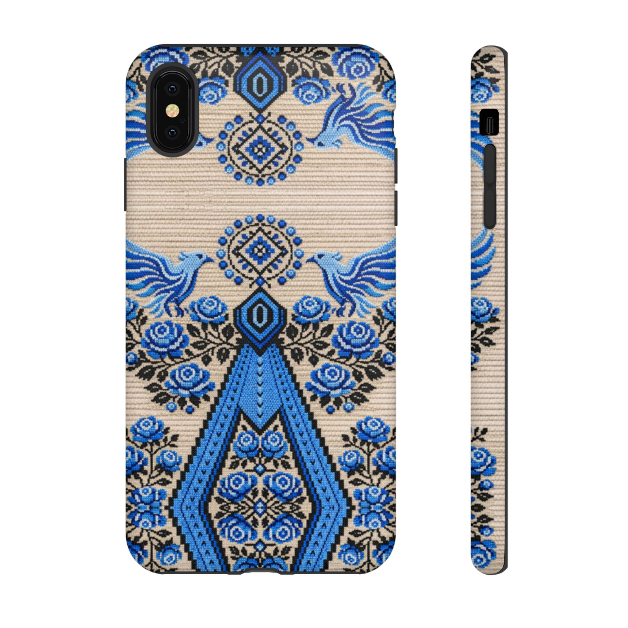 Ukrainian Phone Case  Blue Black Berehynia Design, Falcons & Roses Folk Art, Slavic Embroidery Style Protective Cover