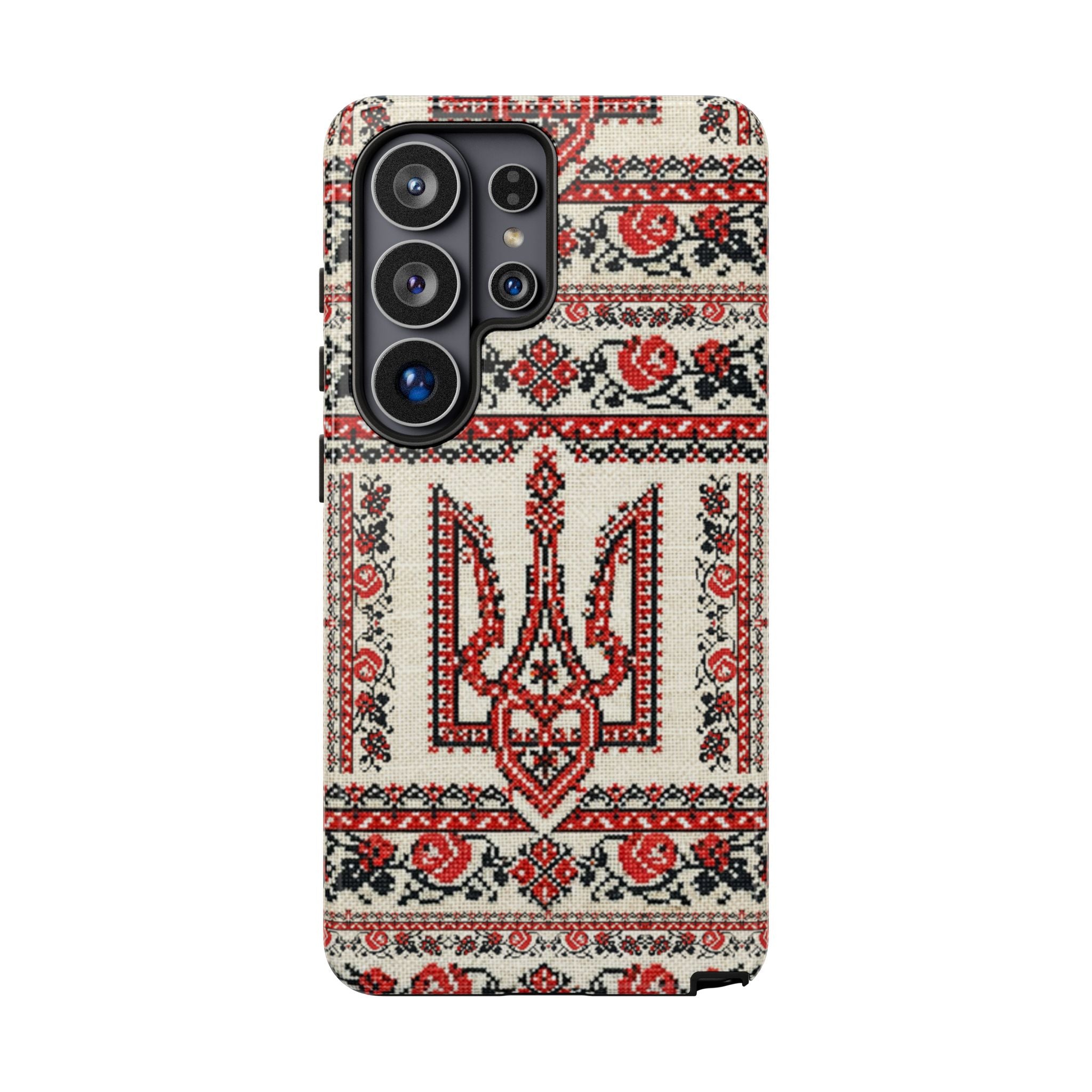 Ukrainian Trident Embroidery Phone Case • Red Black Trident Pattern • Protective Folk Art Cover for iPhone & Samsung