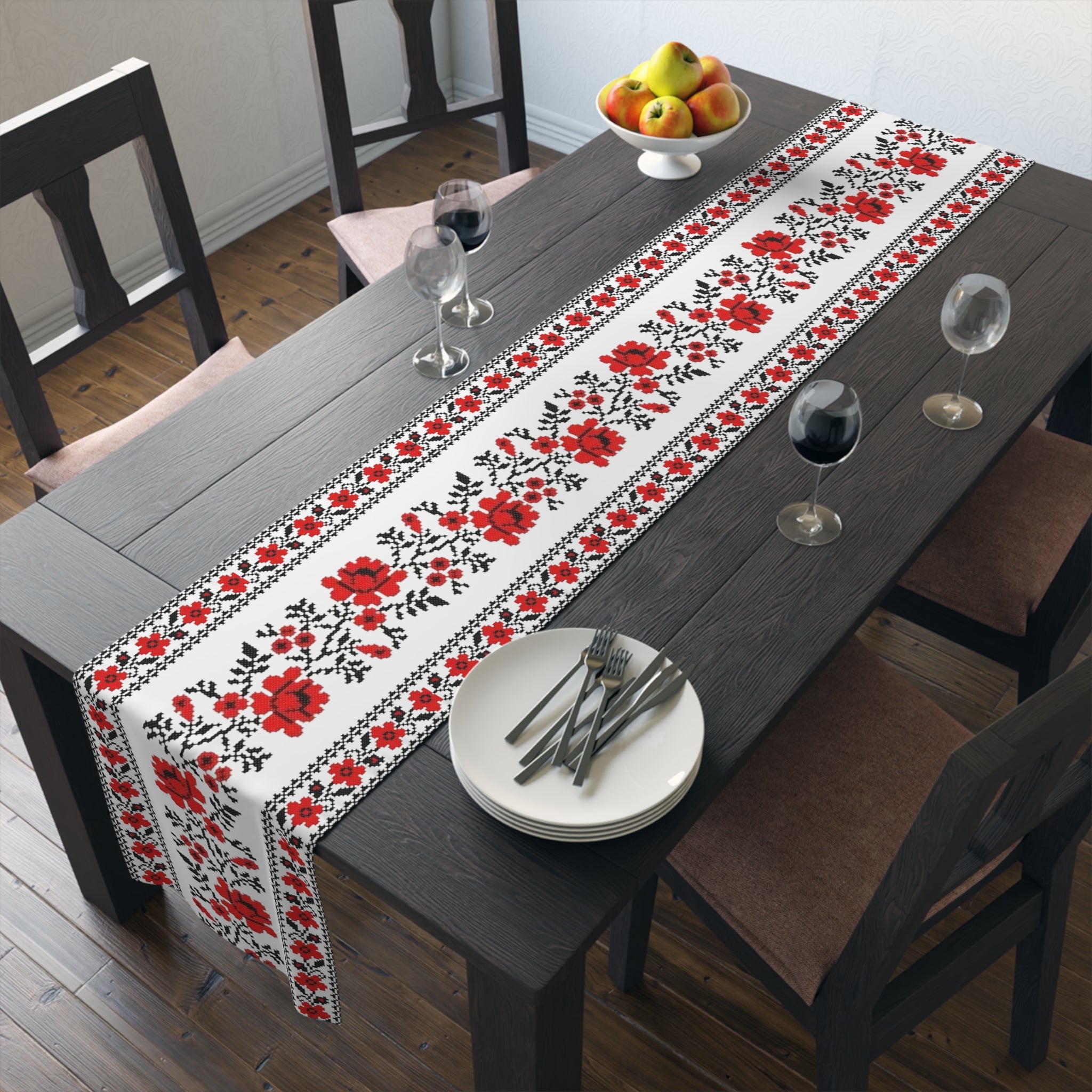 Ukrainian Traditional Red & Black Pattern Table Runner, holiday table setting, vintage home decor, for parents, housewarming, cottage core