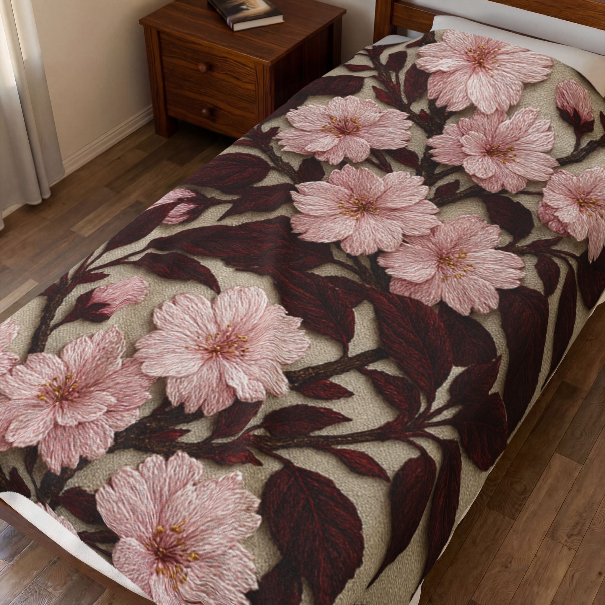 Sakura Noir Plush Blanket — Vintage Pink Floral Velveteen Throw | Botanical Bedding