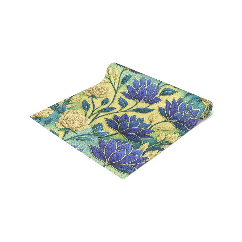 Blue Lotus Table Runner, Yellow Floral Dining Decor, Cotton Poly Tablecloth, Ukrainian Bloom Table Topper, Botanical Kitchen Runner