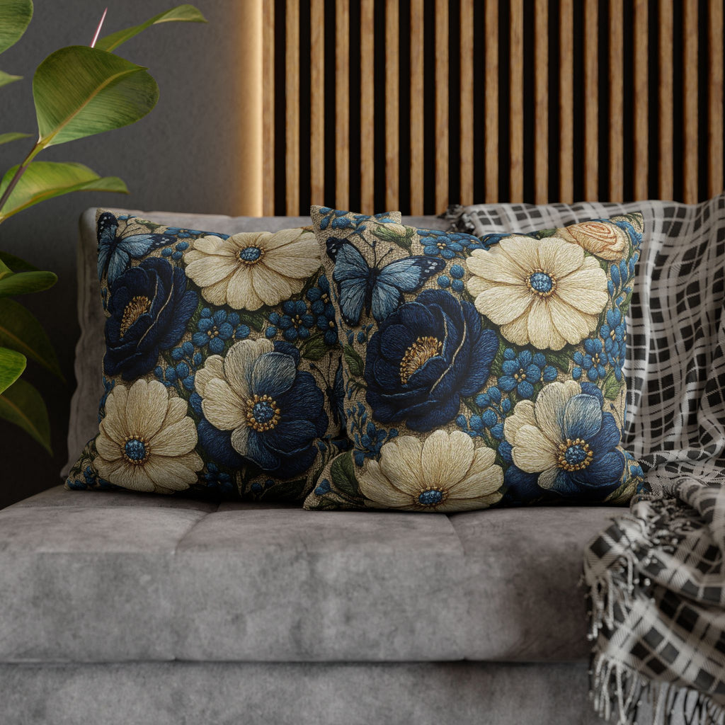 Wild Beauty Floral Throw Pillow Cover – Blue & Cream Botanical Cushion Case