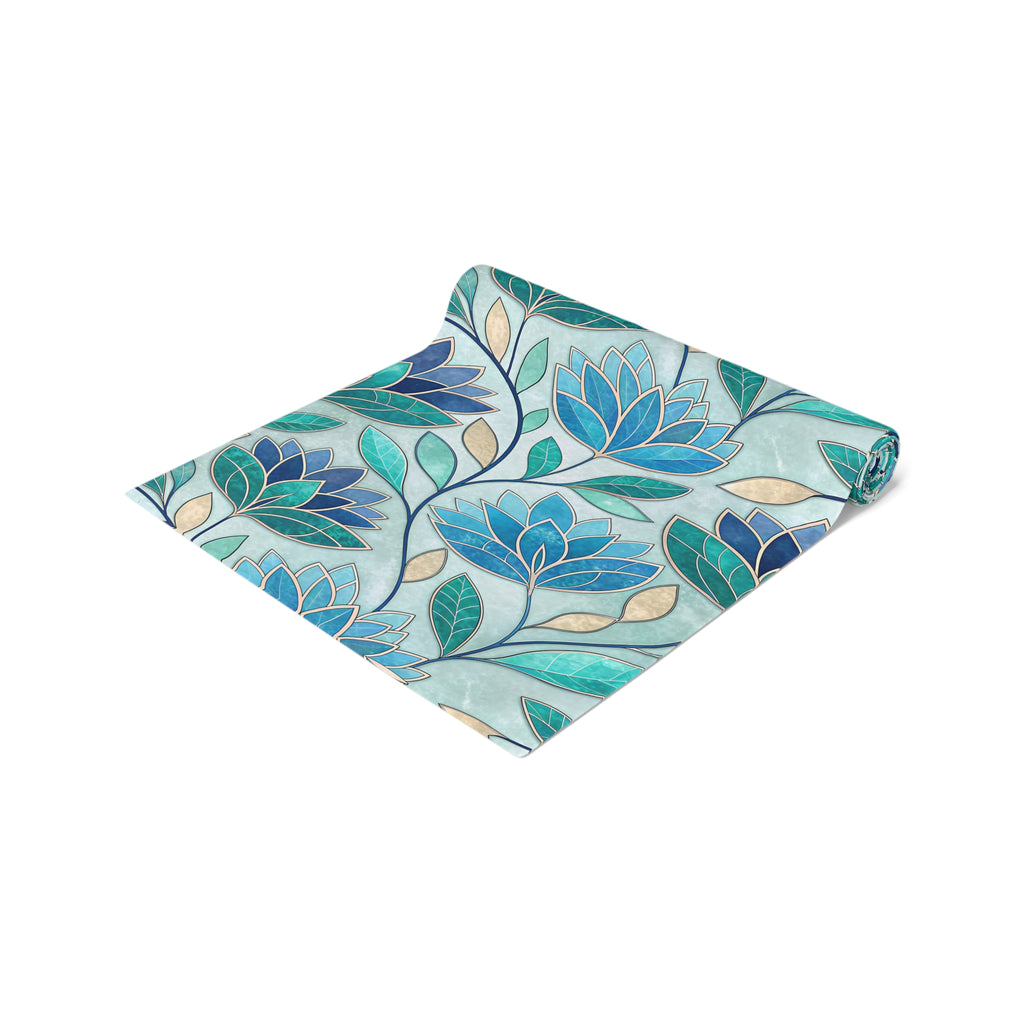 Mosaic Table Runner, Stained Glass Style Floral Runner, Teal Blue Geometric Table Decor for Dining Room Kitchen