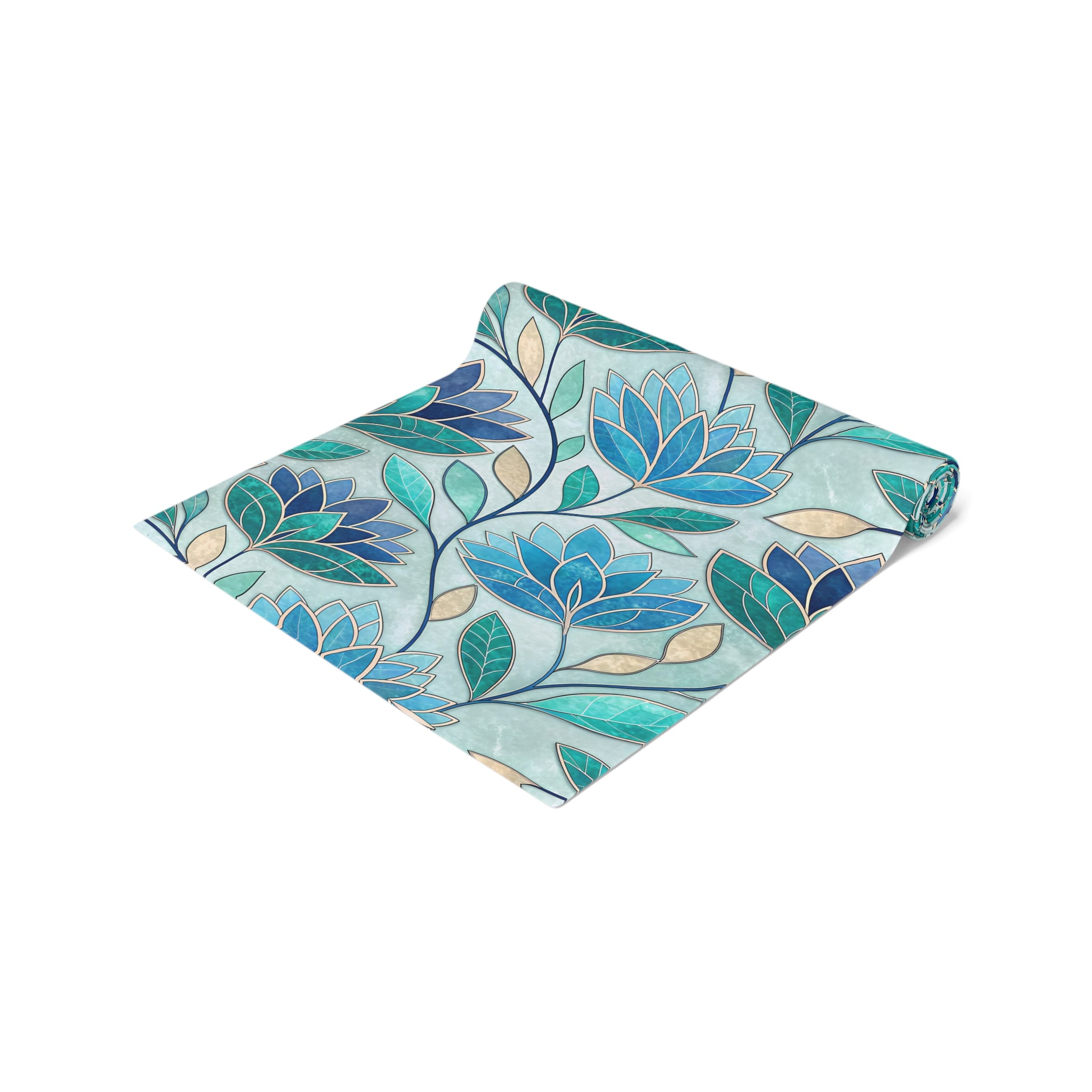 Mosaic Table Runner, Stained Glass Style Floral Runner, Teal Blue Geometric Table Decor for Dining Room Kitchen