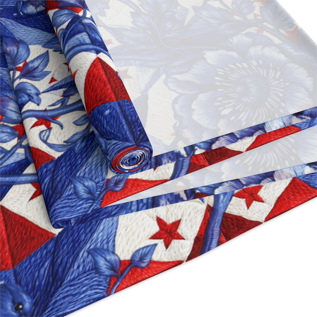 America 250th Anniversary Table Runner - Blue Toile-Inspired Floral & Patriotic Stars Patchwork Decor