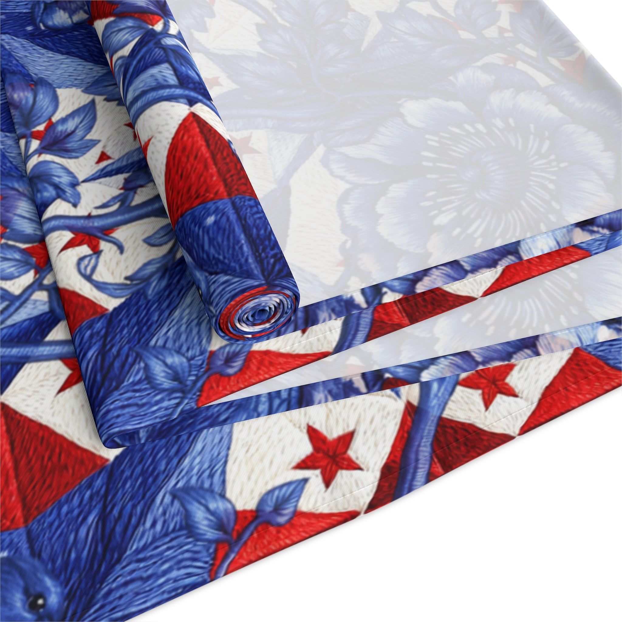 America 250th Anniversary Table Runner - Blue Toile-Inspired Floral & Patriotic Stars Patchwork Decor