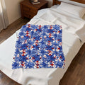 America 250th Anniversary Plush Blanket - Patriotic Blue Toile Floral & Red Star Velveteen Throw