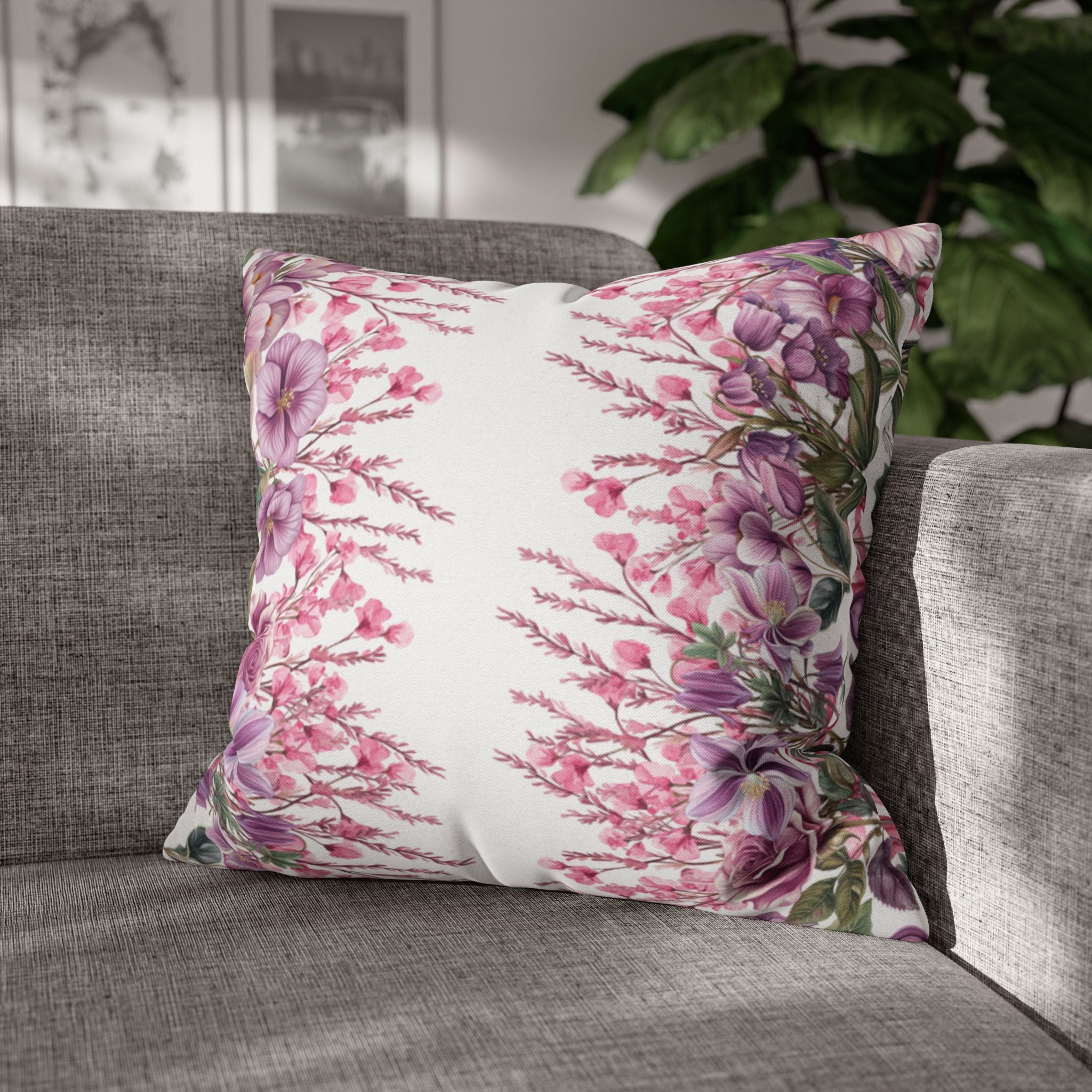 Spring Floral Pillowcase 1piece, Polyester Cushion Cover, Pink  Purple Flowers, Spring Home Decor