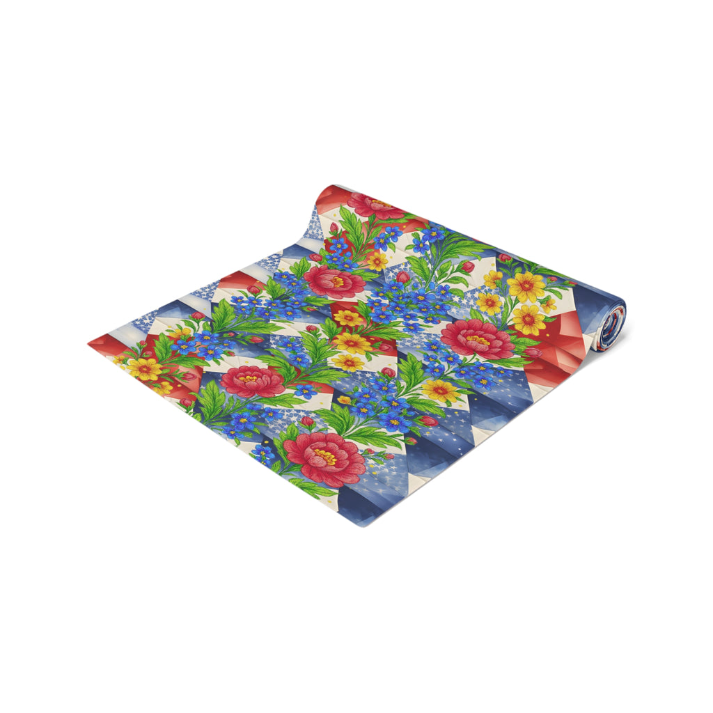 American Cozy Floral Table Runner - Patriotic Blue Geometric & Rose Bouquet Decor