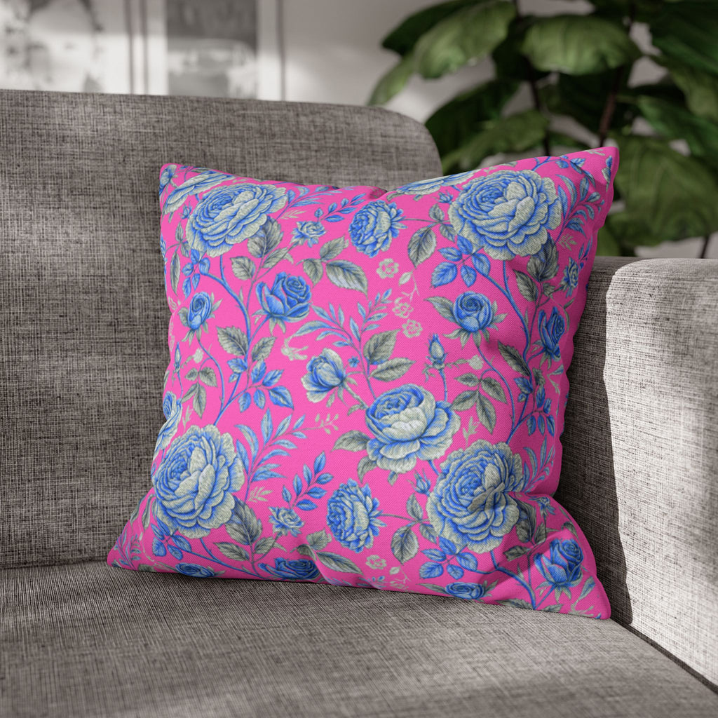 Pink & Blue Rose Floral Throw Pillow Cover | Double-Sided Spun Polyester