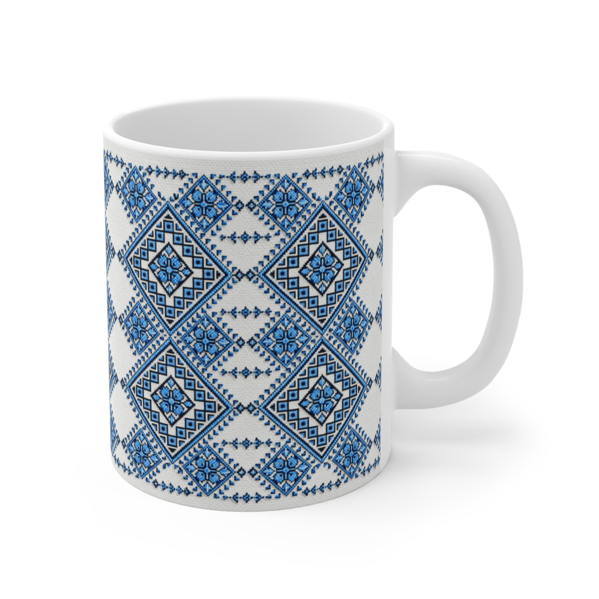 Blue Sky Folk Art Ceramic Mug | Ukrainian Heritage Geometric 11oz