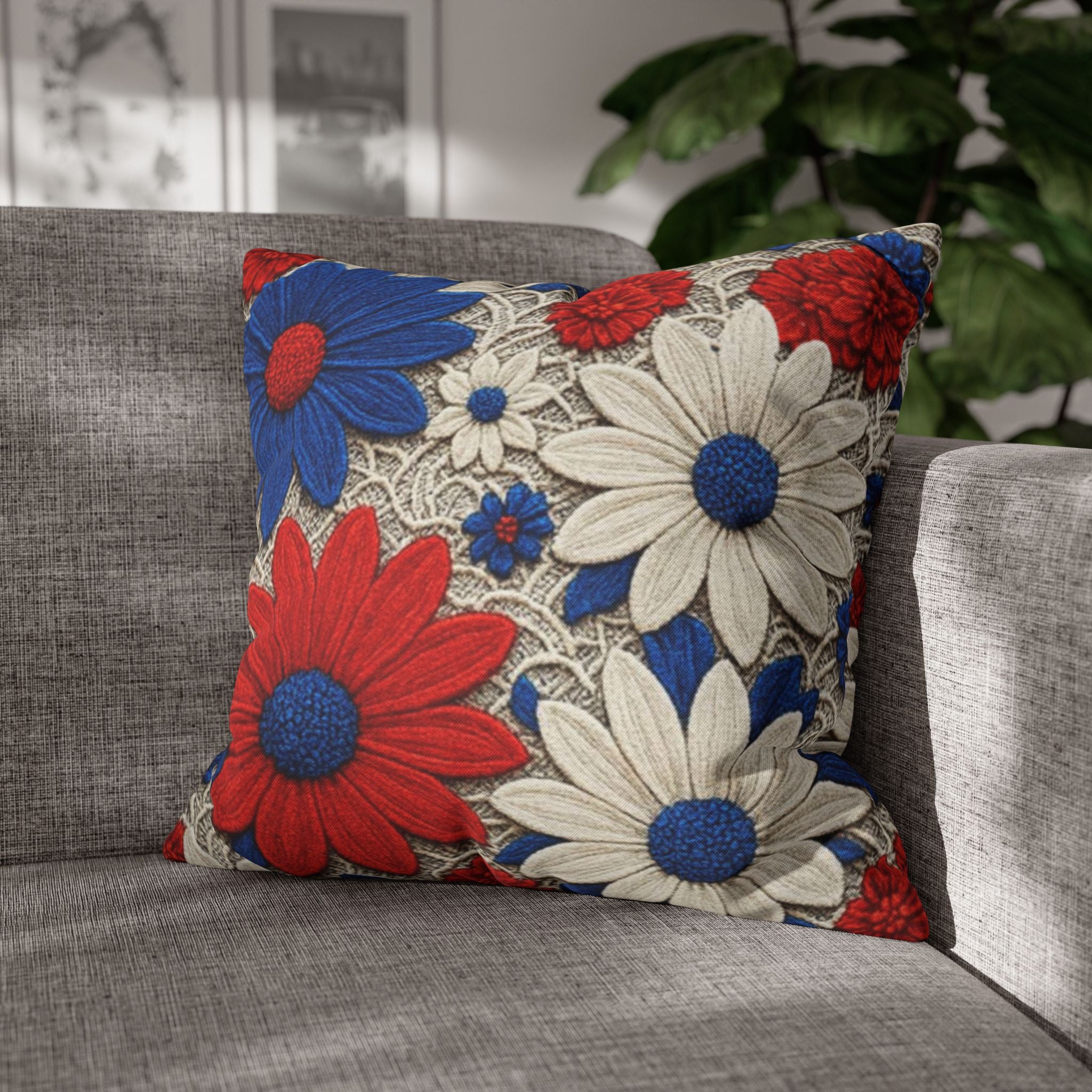 Red White Blue Daisy Pillowcase — Patriotic Floral Decorative Pillow Cover | BLUESKYDEZIGN