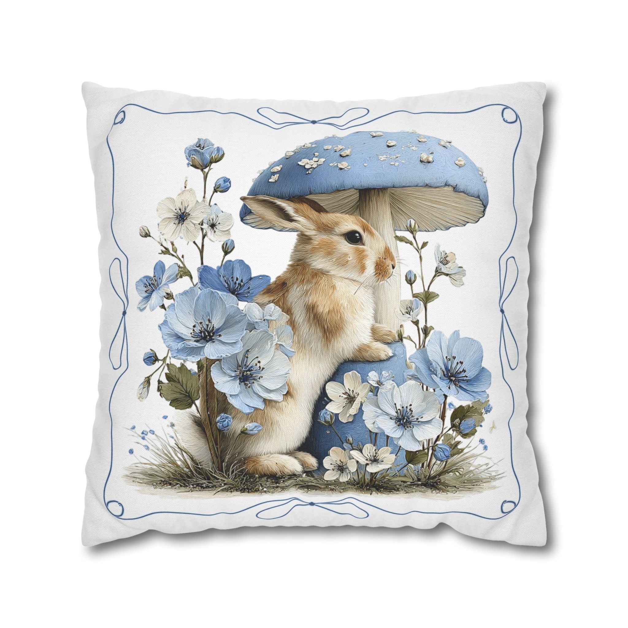 Blue Floral Bunny Collage Pillowcase | Square Decorative Pillowcase