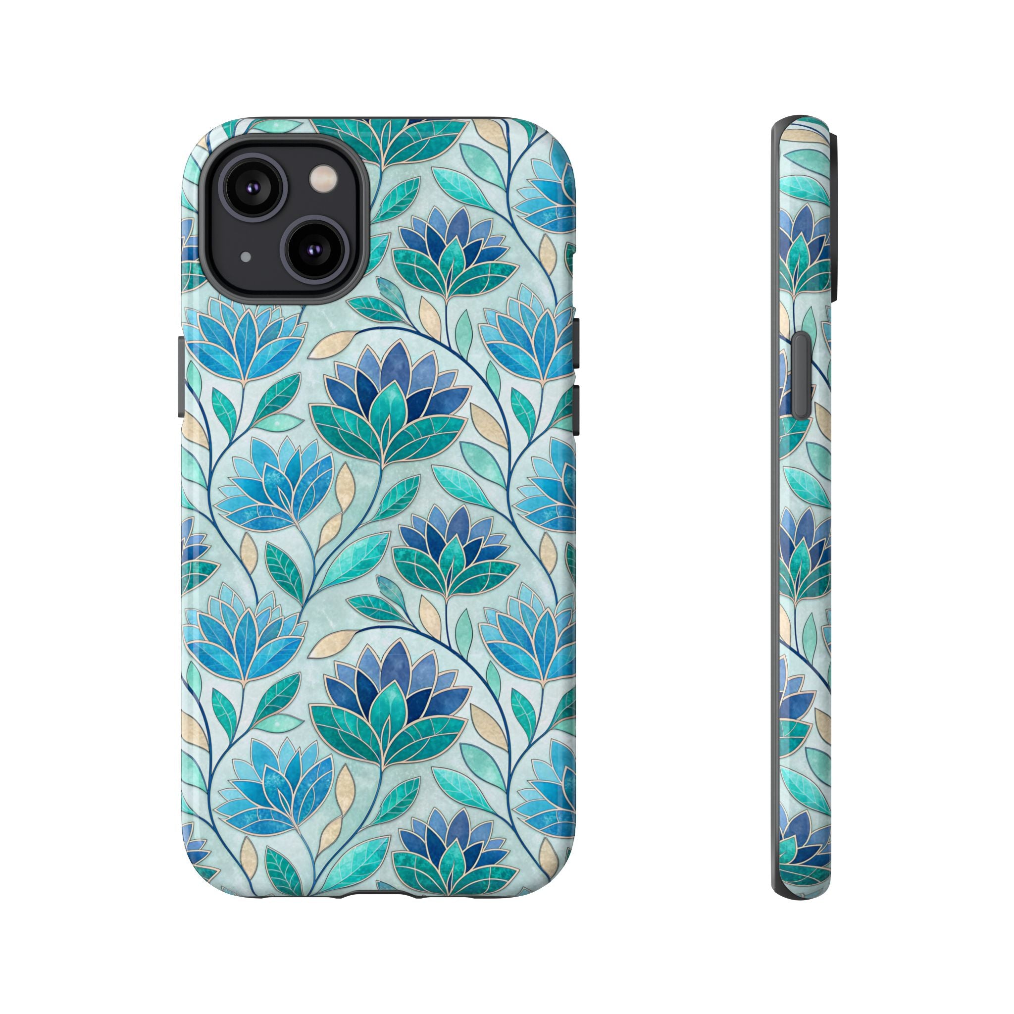 Mosaic iPhone Case, Stained Glass Floral Phone Cover, Teal Blue Protective Case, Matte Glossy Options, Artistic Mosaic Pattern