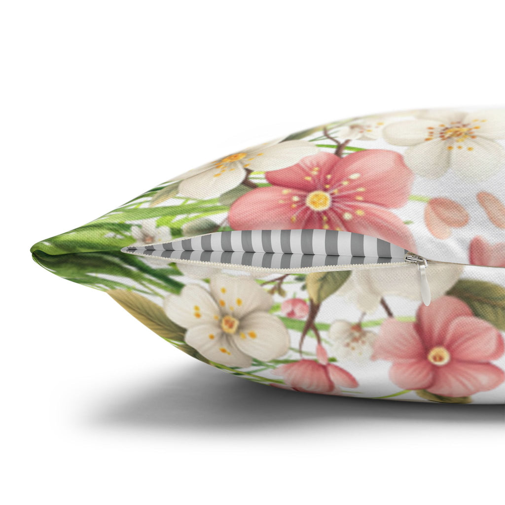 Spring Floral Pillowcase 1piece, Polyester Cushion Cover, Green Grass Border with Pink  White Flowers, Spring Home Decor