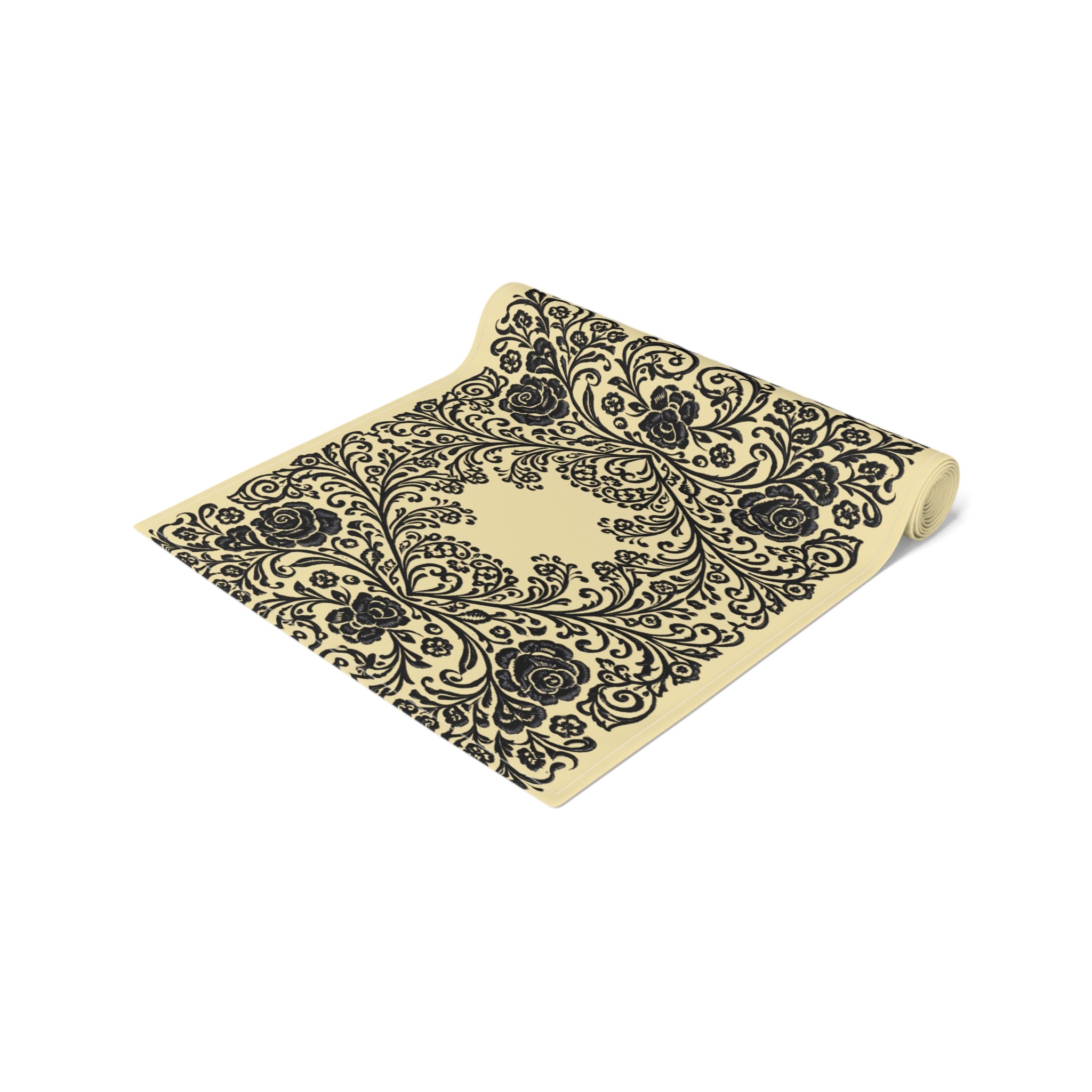Vintage Baroque Floral Table Runner | Damask Cream & Black | BLUESKYDEZIGN