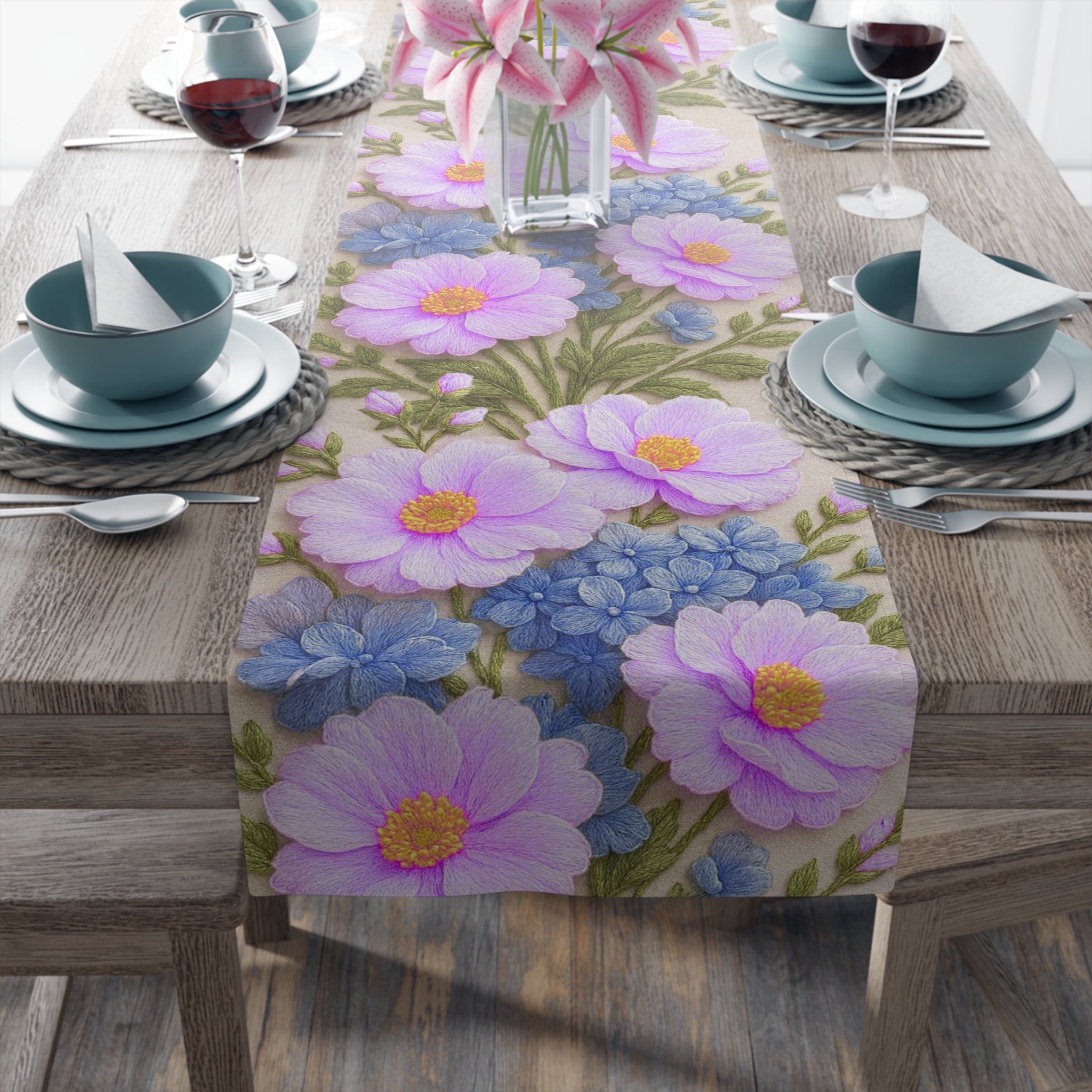 Pink Cosmos and Blue Hydrangea Table Runner, Floral Table Decor, Alexandra Bloom Collection, Cotton Twill or Polyester Dining Runner