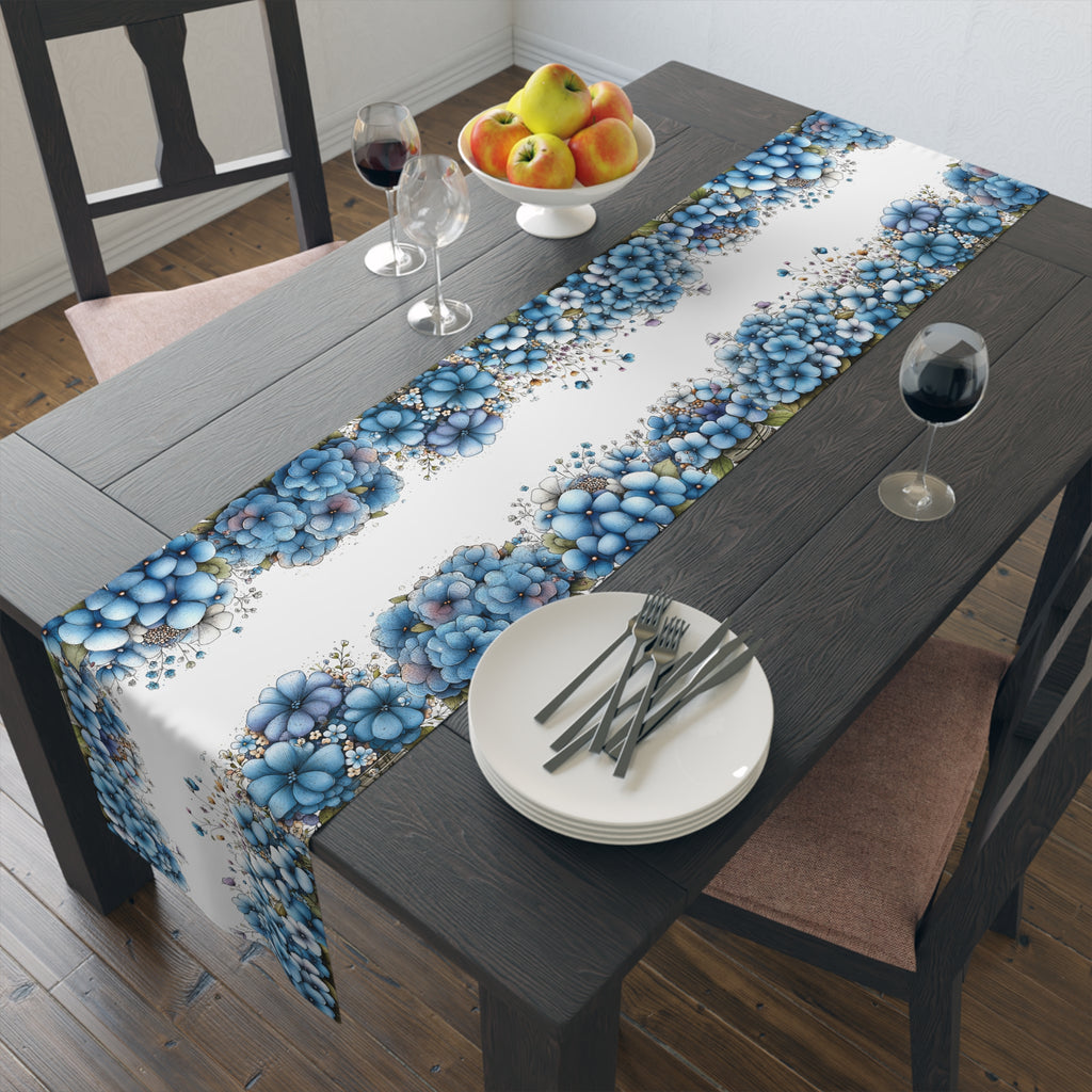 Blue Floral Table Runner, Cotton & Polyester, Spring Dining Table Decor, Elegant Blue and White Flower Runner, 2 Sizes