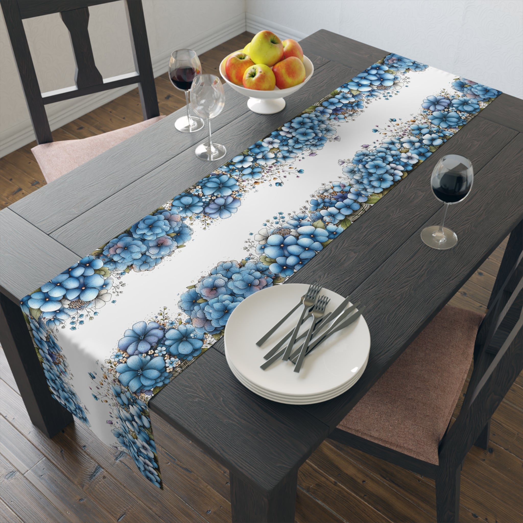Blue Floral Table Runner, Cotton & Polyester, Spring Dining Table Decor, Elegant Blue and White Flower Runner, 2 Sizes