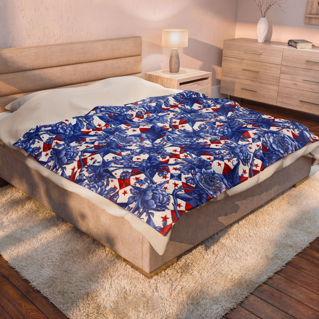 America 250th Anniversary Plush Blanket - Patriotic Blue Toile Floral & Red Star Velveteen Throw