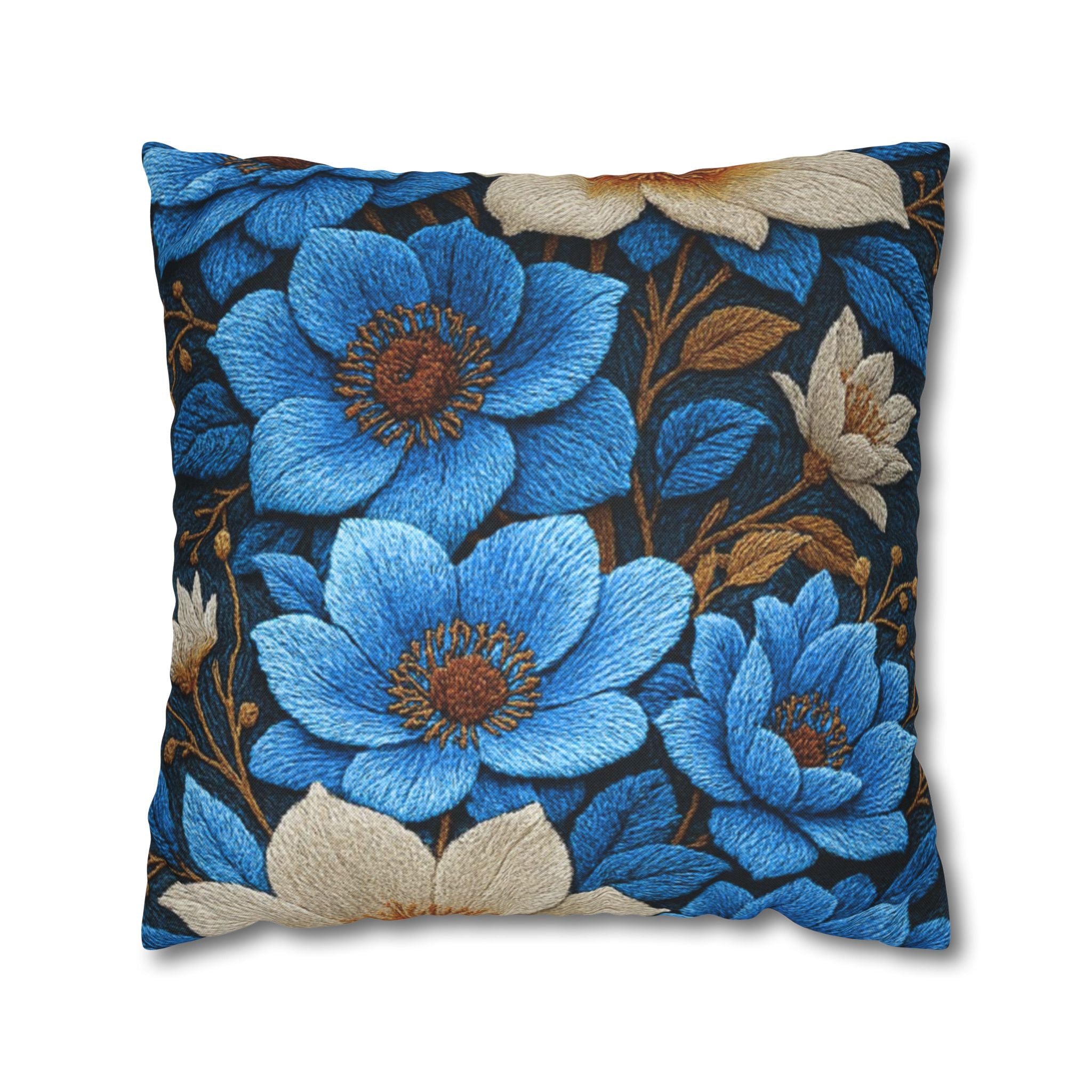 Square throw pillow featuring the Midnight Symphony design with vibrant blue and cream floral patterns on a dark navy background, showing a rich embroidered texture look.