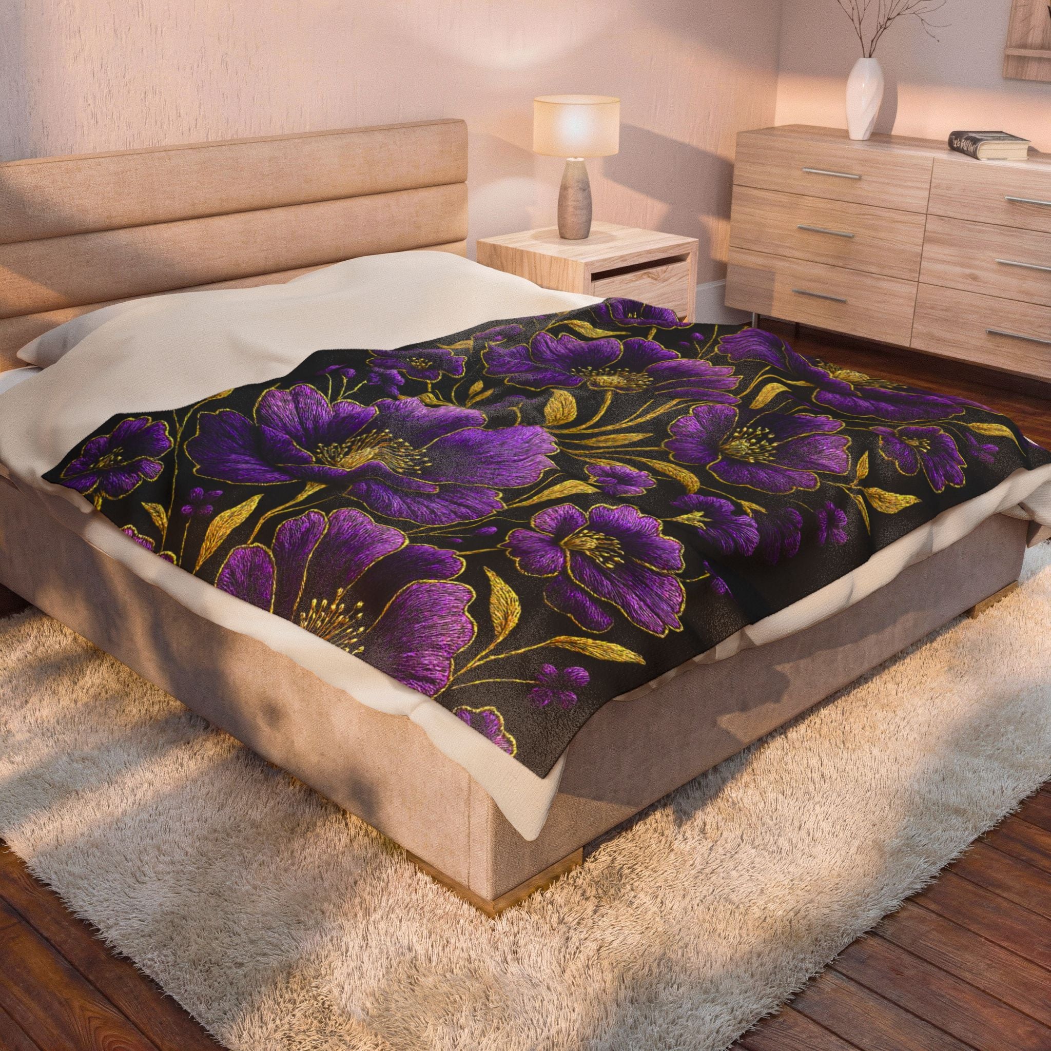 Petrykivka Bloom Blanket | Purple Poppy Floral Plush Throw | Moody Gold Embroidered Look Velveteen Cozy Blanket