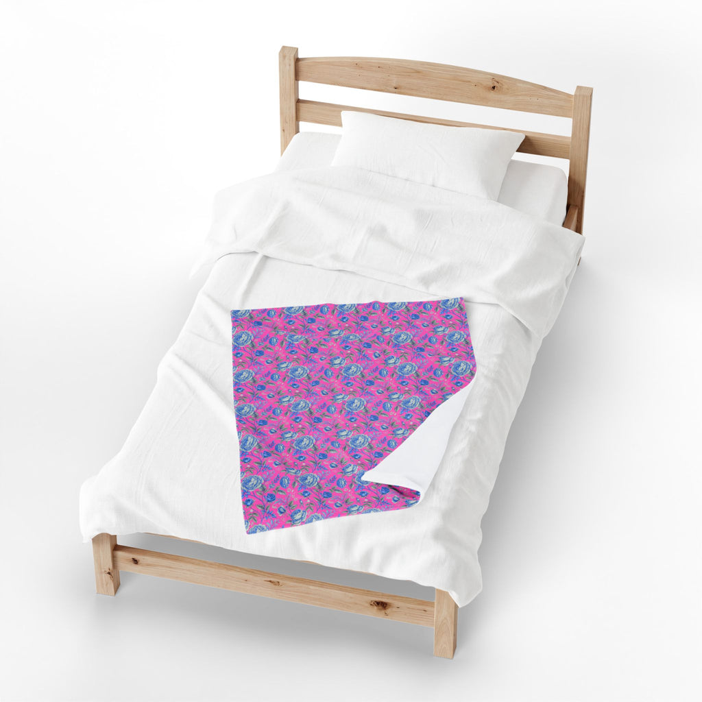 Pink & Blue Floral Velveteen Throw Blanket | Soft Plush Cozy Bedding